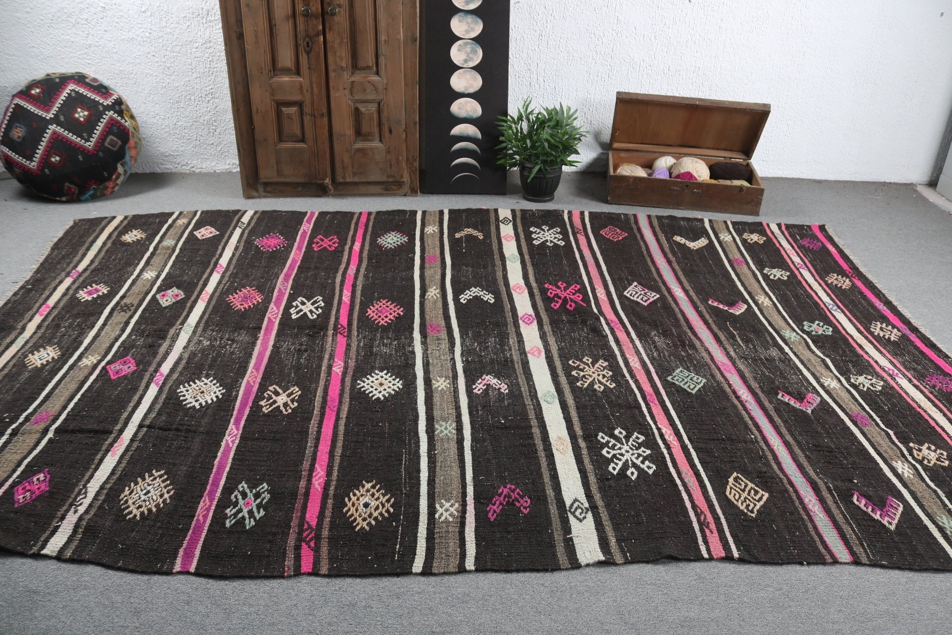 Oriental Rugs, Oversize Vintage Rugs, Black Moroccan Rugs, 6.9x11.2 ft Oversize Rug, Wool Rugs, Vintage Rugs, Kilim, Turkish Rug, Salon Rug