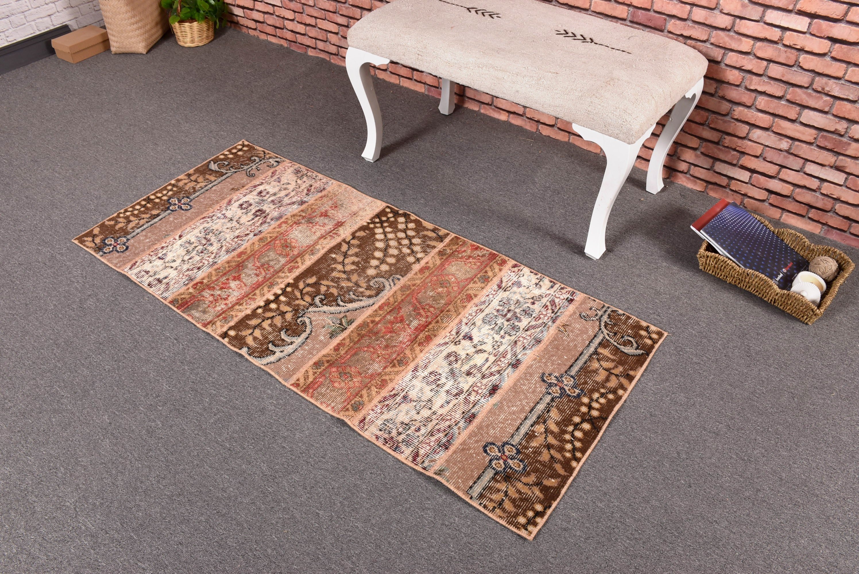 Beige Neutral Rugs, Car Mat Rugs, Traditional Rug, Antique Rugs, Vintage Rug, 2.2x5 ft Small Rugs, Bedroom Rugs, Turkish Rugs