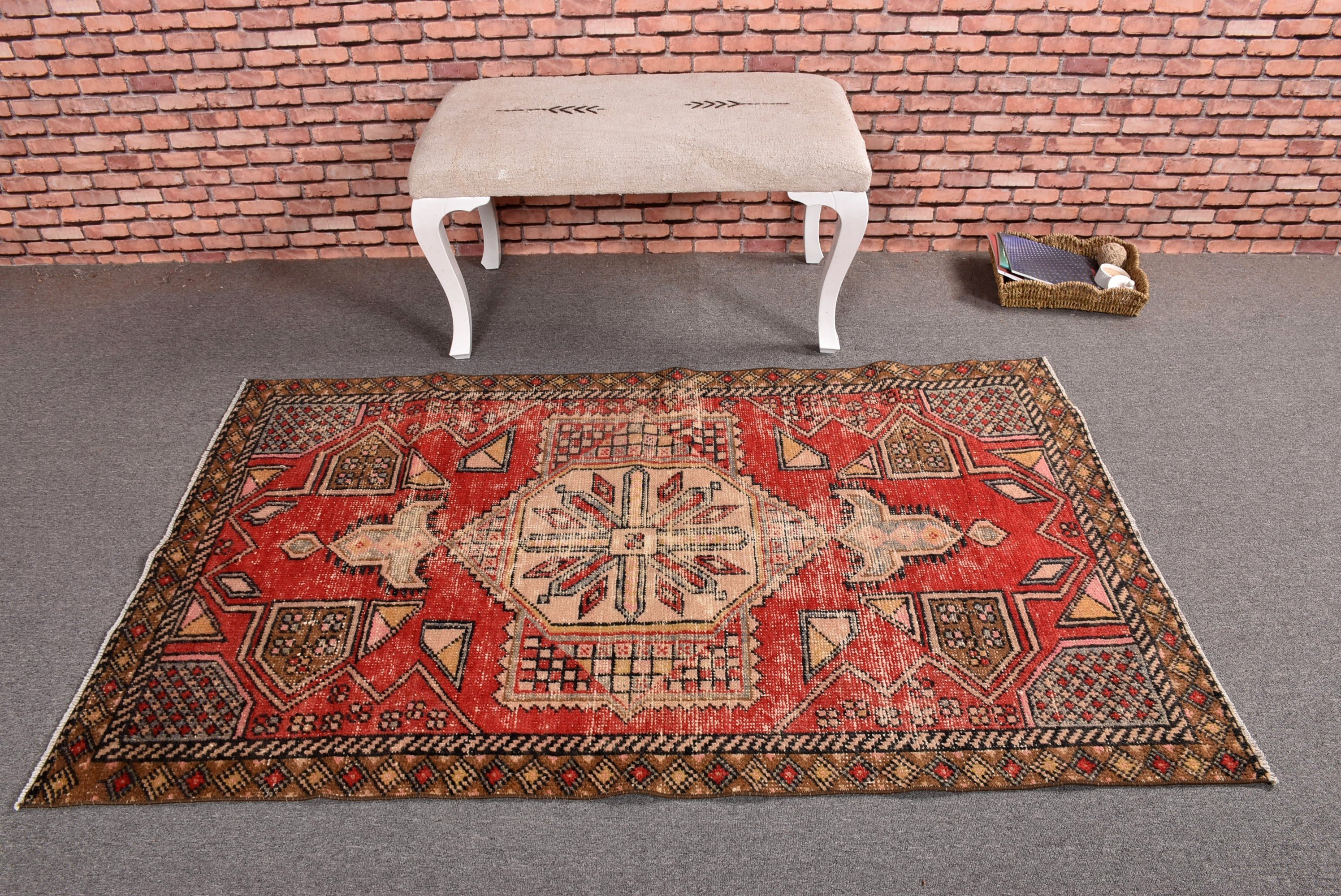 Yer Halısı, 3,5x5,7 ft Aksan Halıları, Çocuk Halıları, Nötr Halılar, Vintage Vurgu Halısı, Organik Halı, Kırmızı Boho Halıları, Vintage Halı, Türk Halısı