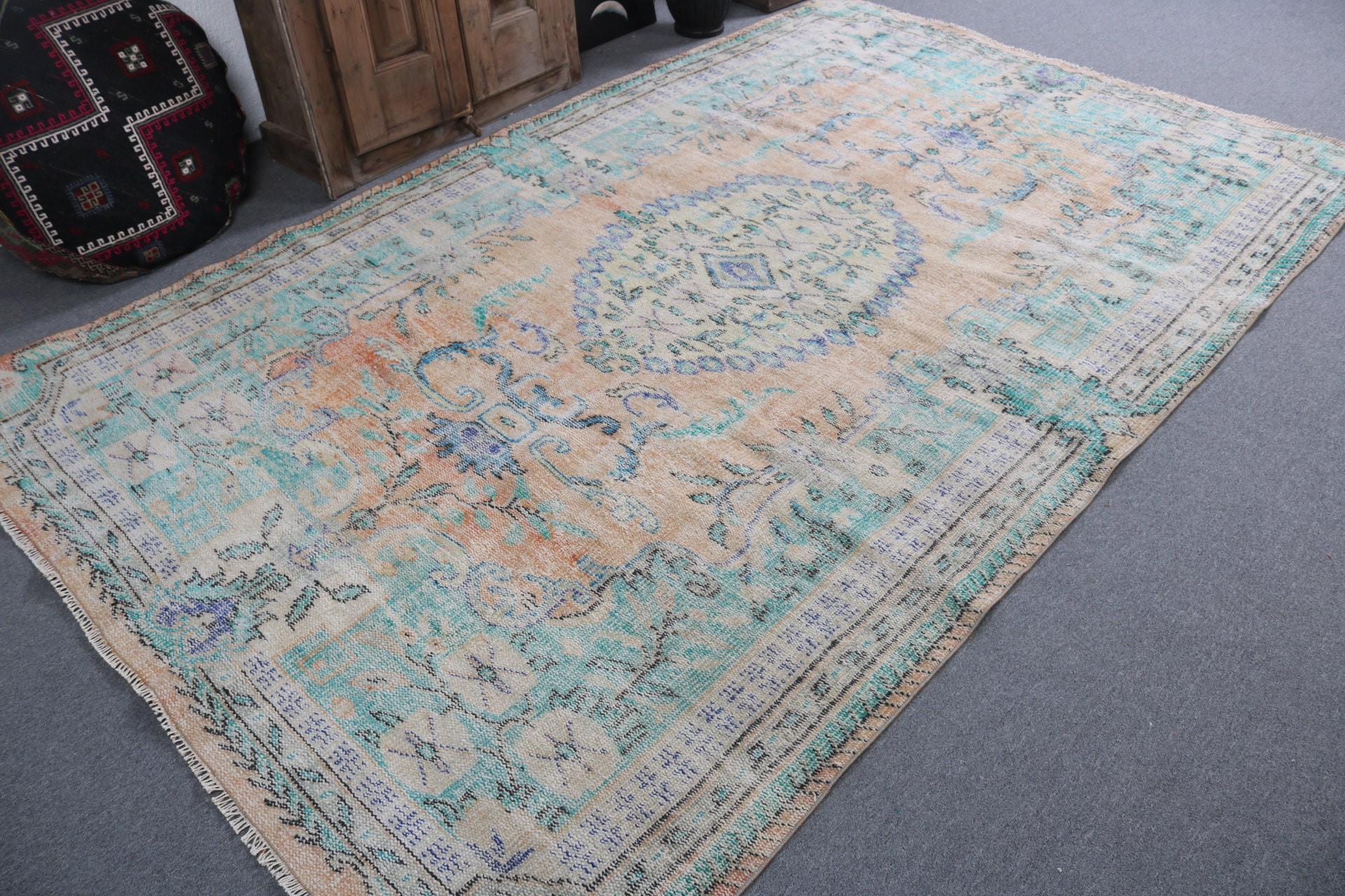 El Dokuma Halı, Anadolu Halısı, Turuncu Fas Halısı, Vintage Halı, Aztek Halısı, Türk Halısı, Salon Halıları, 6.1x9.4 ft Büyük Halılar, Büyük Oushak Halısı