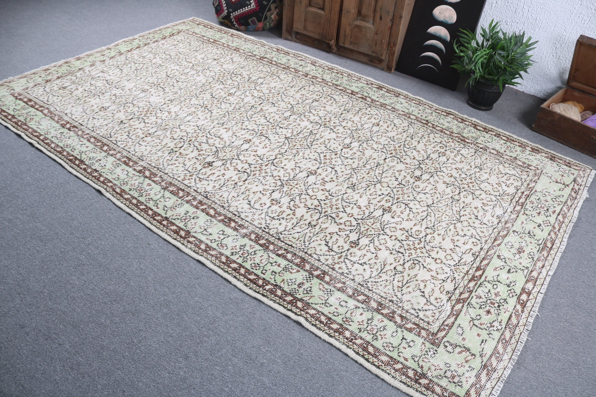 Yeşil Boho Halılar, Büyük Oushak Halılar, 5.7x9.6 ft Büyük Halılar, Türk Halıları, Oushak Halılar, El Dokuma Halı, Vintage Halılar, Büyük Boho Halılar