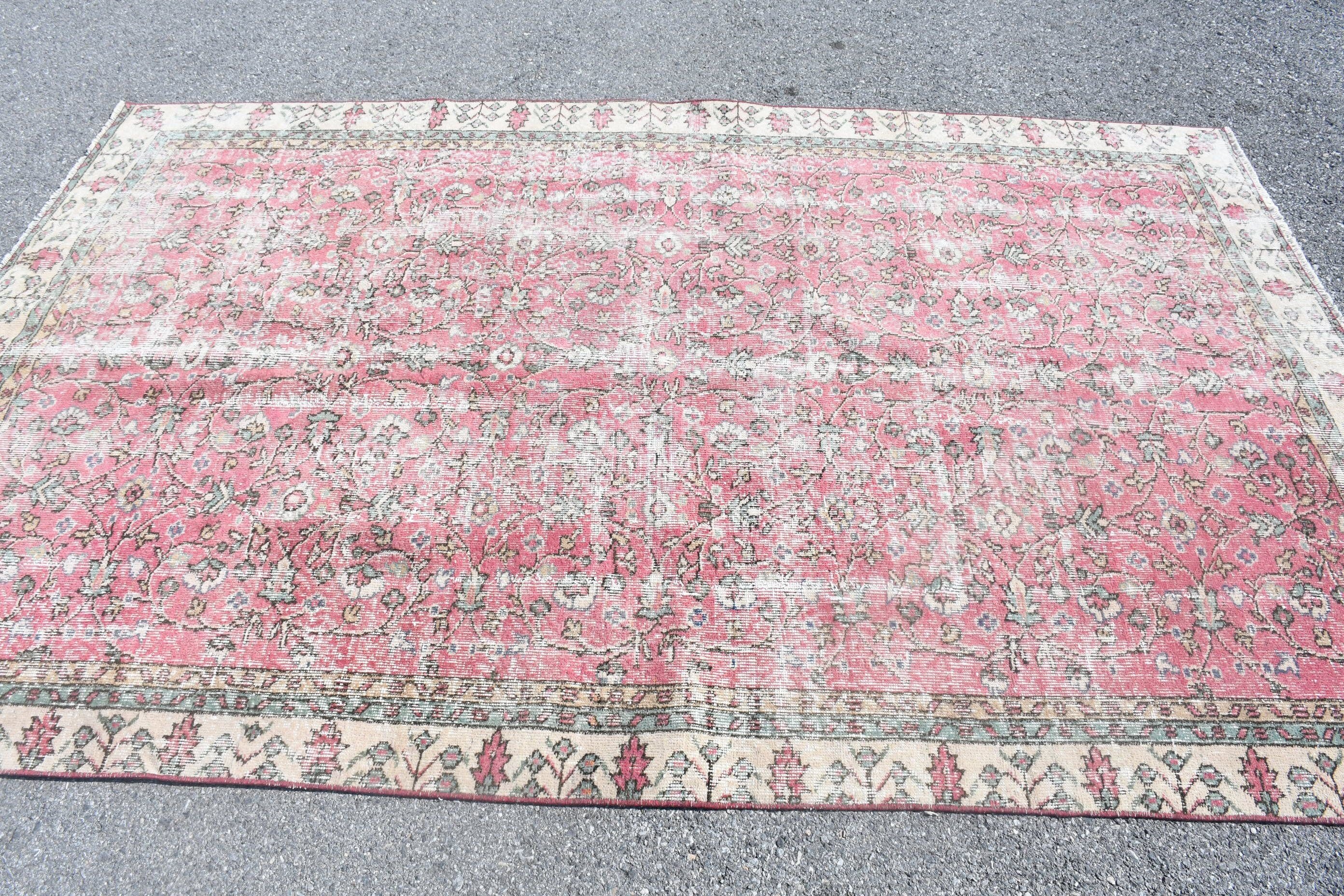 Bedroom Rug, Pink Wool Rug, Vintage Rugs, Turkish Rug, Kitchen Rug, 5.8x9.1 ft Large Rug, Salon Rug, Oushak Rugs, Pale Rug, Rugs for Salon