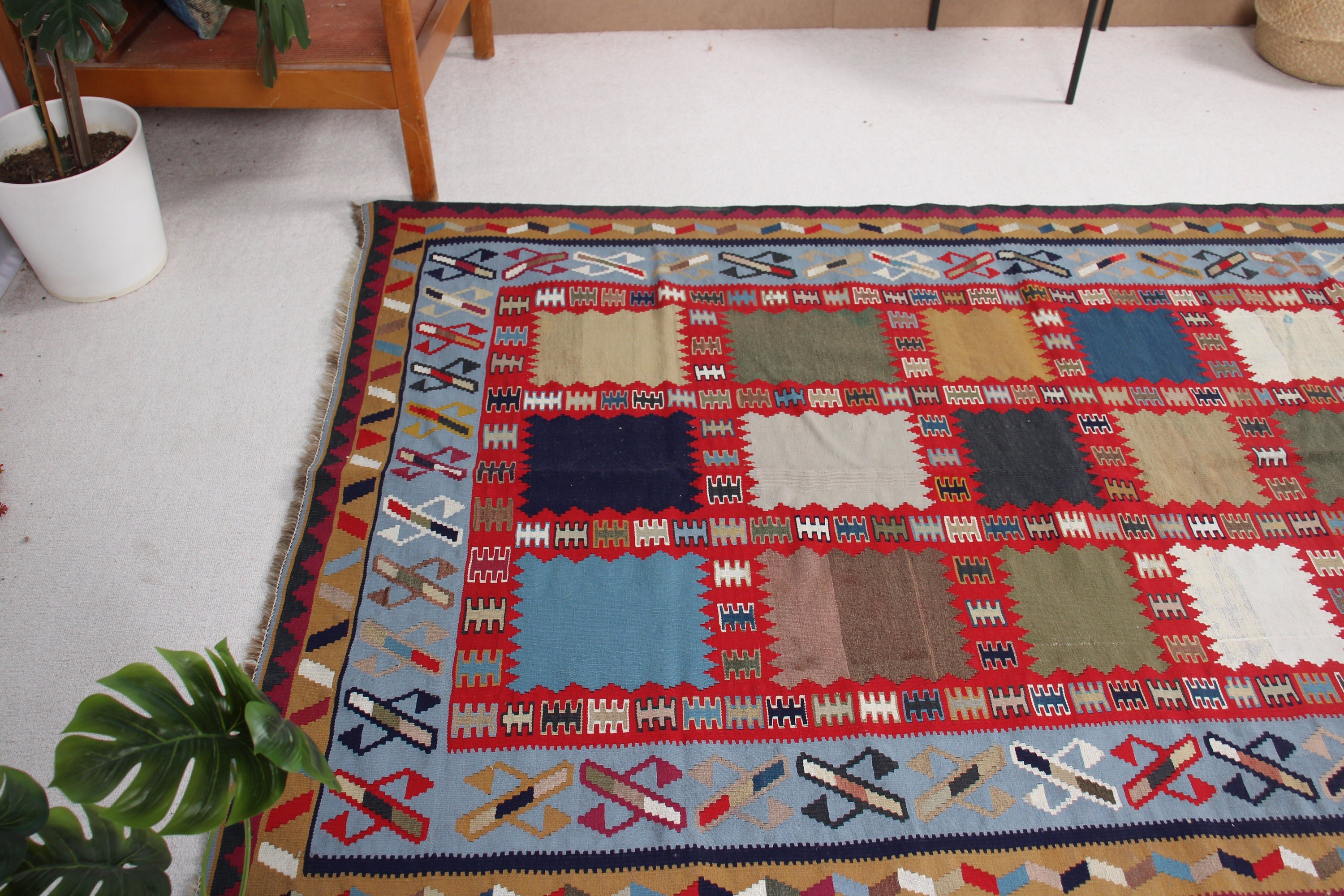 Yer Halısı, Soğuk Halı, Yemek Odası Halısı, Vintage Halılar, Mavi Oushak Halısı, Türk Halıları, Oushak Bölge Halısı, Kilim, Boho Halıları, 4,8x7,8 ft Alan Halısı