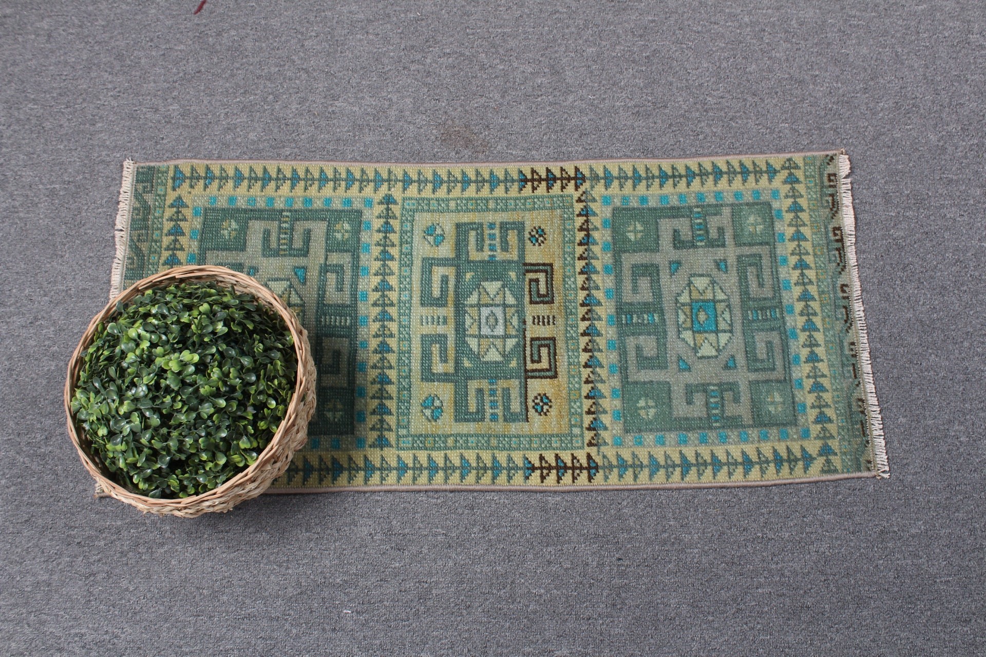 Green Anatolian Rug, Boho Rug, Wool Rugs, Turkish Rugs, Bath Rug, Rugs for Kitchen, 1.2x2.7 ft Small Rug, Vintage Rug, Wall Hanging Rugs