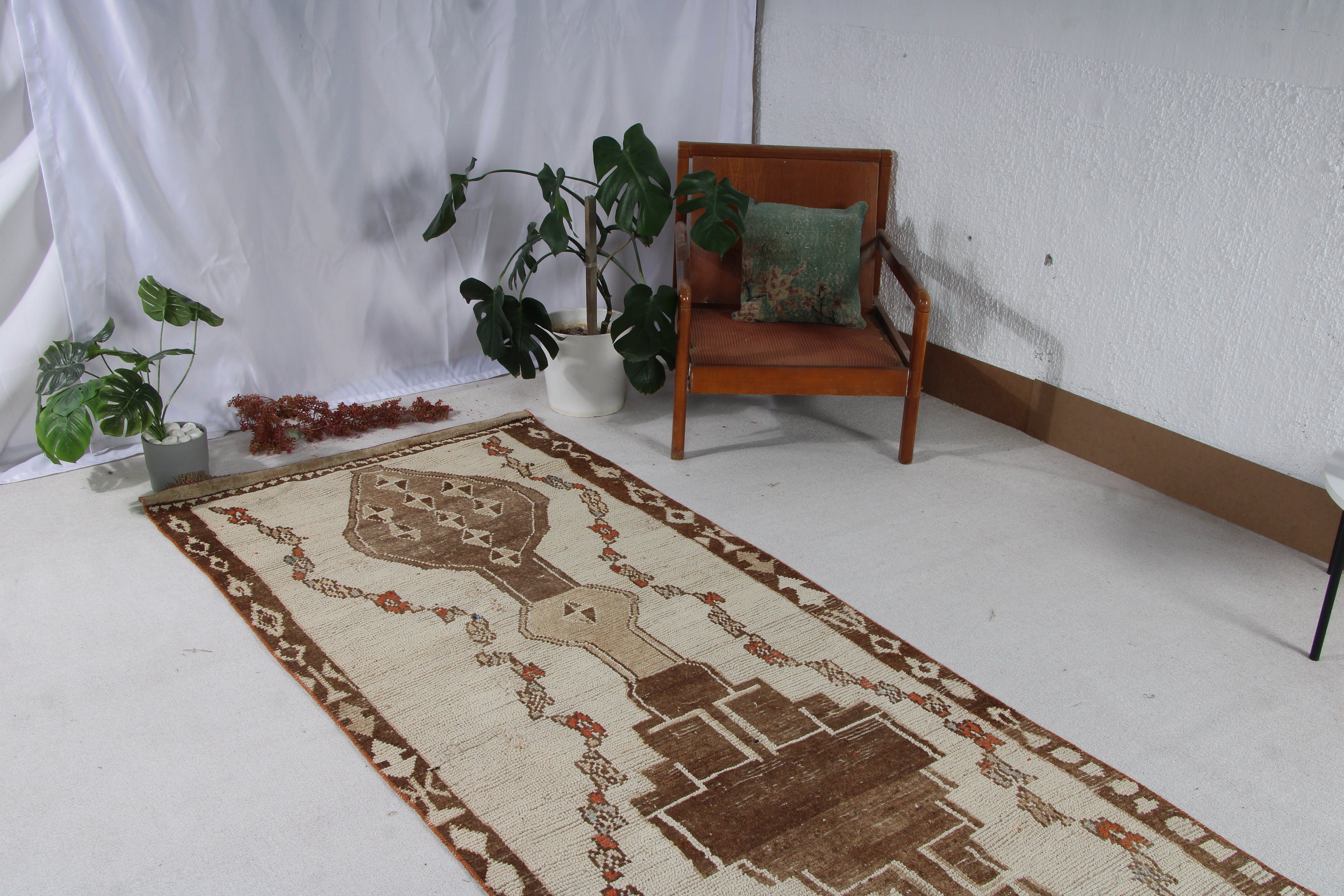 Turkish Rugs, Kitchen Rugs, 3.7x10.6 ft Runner Rugs, Aztec Rug, Vintage Rugs, Brown Kitchen Rugs, Hallway Rug, Wool Rugs, Rugs for Kitchen