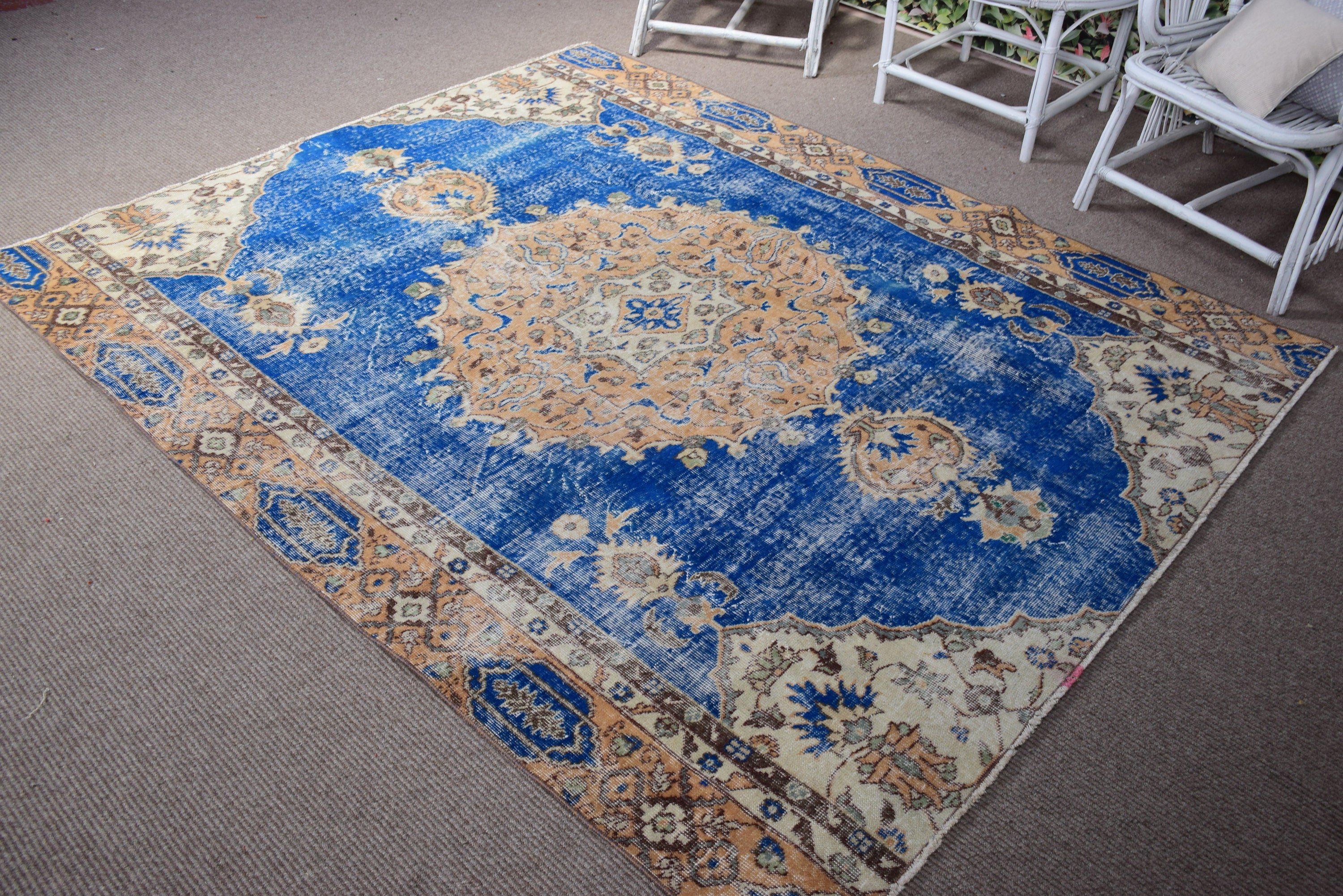 Living Room Rug, Dining Room Rug, 6.1x7.3 ft Large Rug, Geometric Rugs, Vintage Rug, Turkish Rug, Blue Moroccan Rug