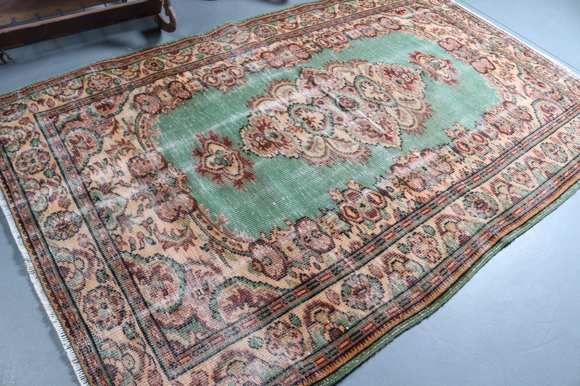 Türk Halısı, Yeşil Fas Halısı, Yer Halıları, Tasarımcı Halısı, Oturma Odası Halıları, 5.5x8.5 ft Büyük Halı, Vintage Halı, Salon Halısı