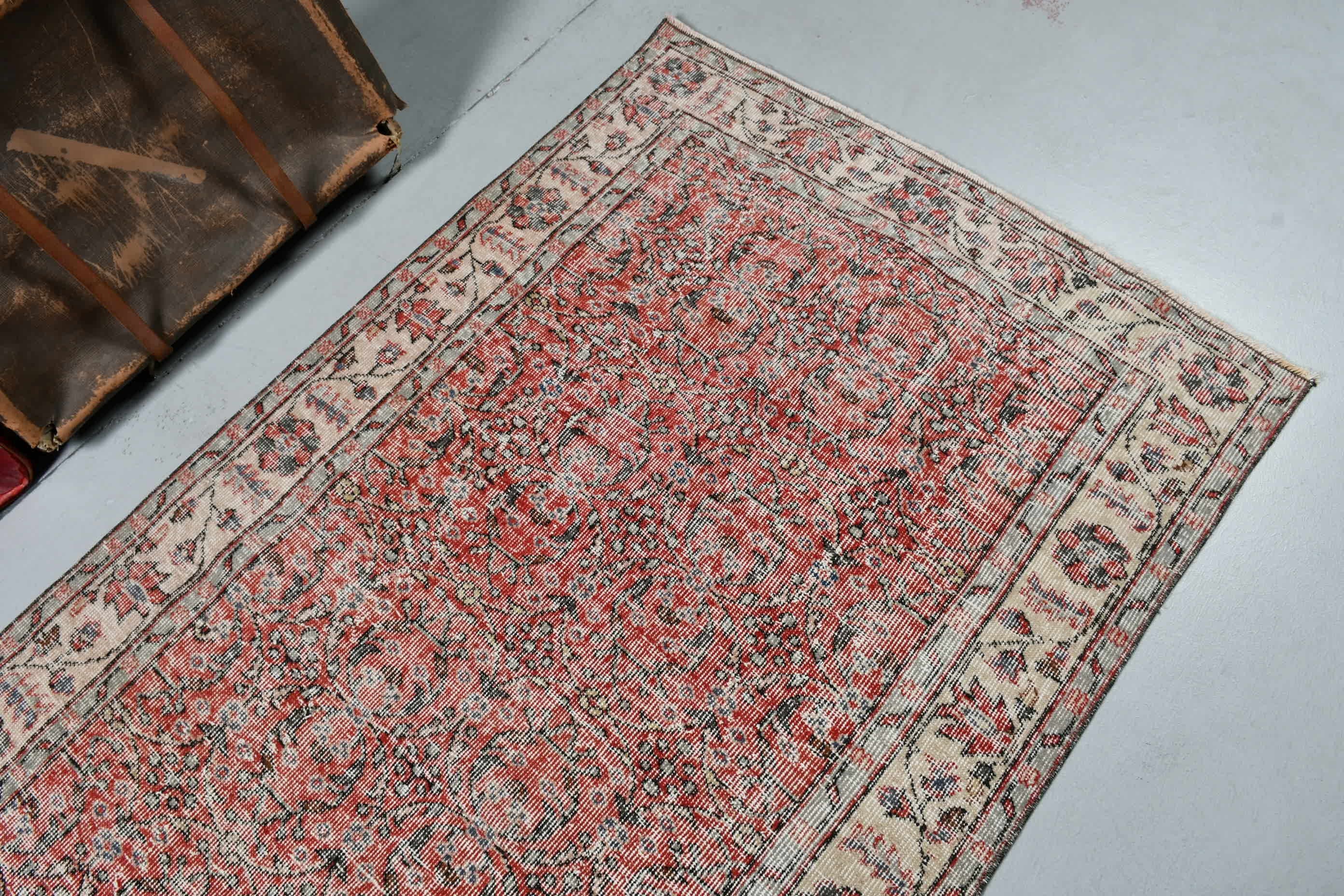 Floor Rug, Turkish Rug, Vintage Rug, Wool Rug, Vintage Decor Rugs, Red Home Decor Rug, Rugs for Kitchen, 3.7x7 ft Area Rug