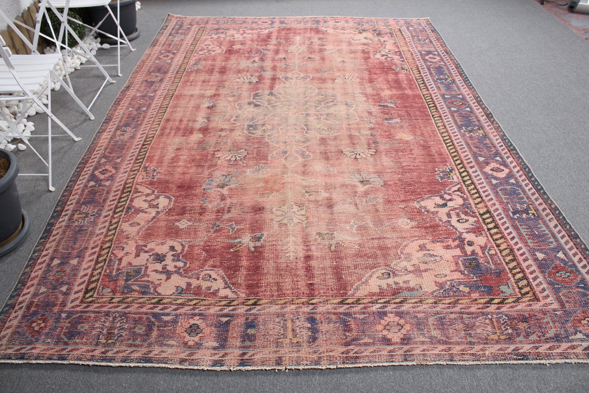 Salon Halısı, Oushak Halısı, 7.2x10.1 ft Büyük Boy Halı, Vintage Halı, Mor Oryantal Halı, Oturma Odası Halıları, Eski Halı, Türk Halıları, Yer Halıları