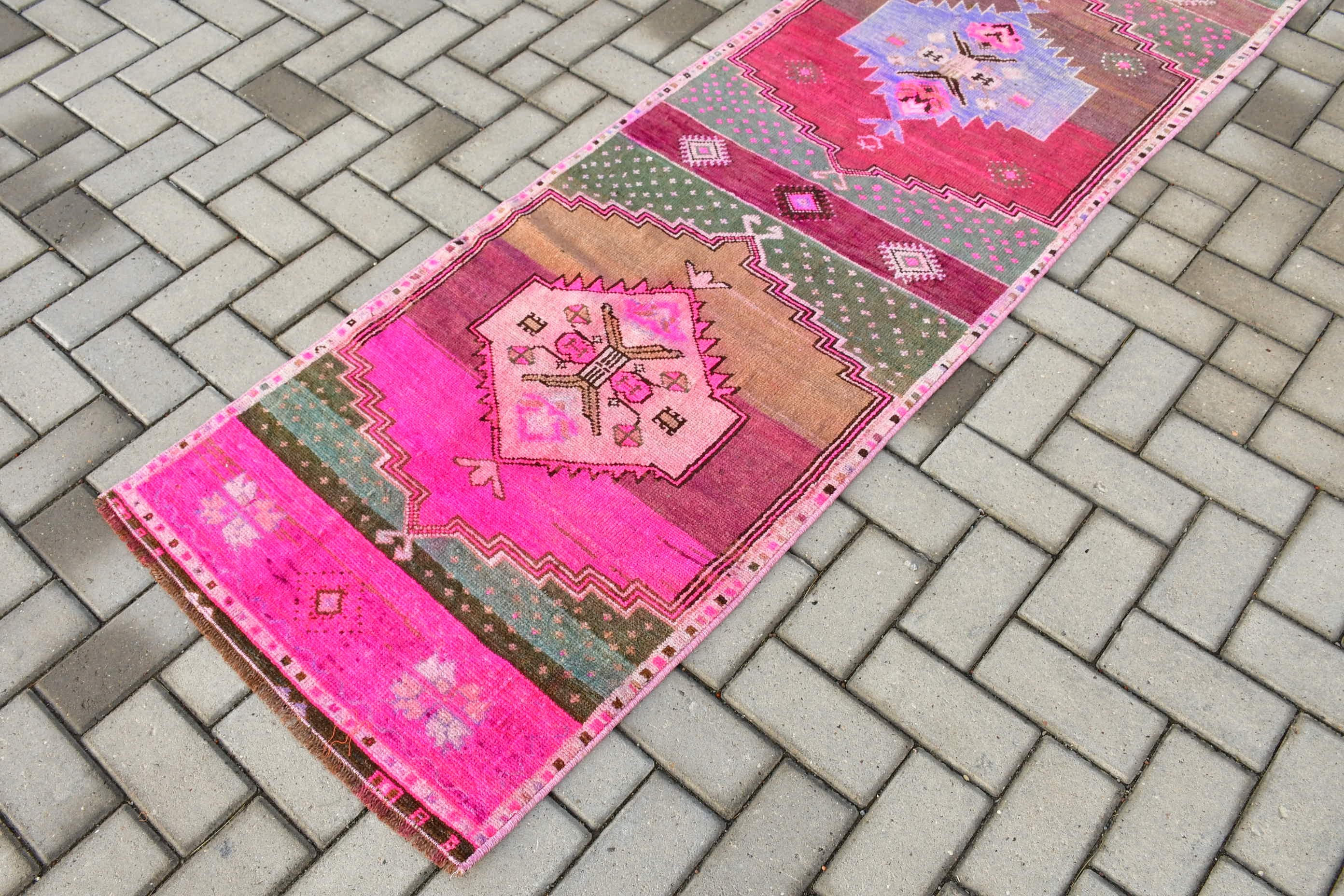 Corridor Rug, Pink Anatolian Rug, Kitchen Rug, Rugs for Runner, Turkish Rug, Floor Rug, Wool Rugs, Vintage Rug, 2.3x9.6 ft Runner Rugs