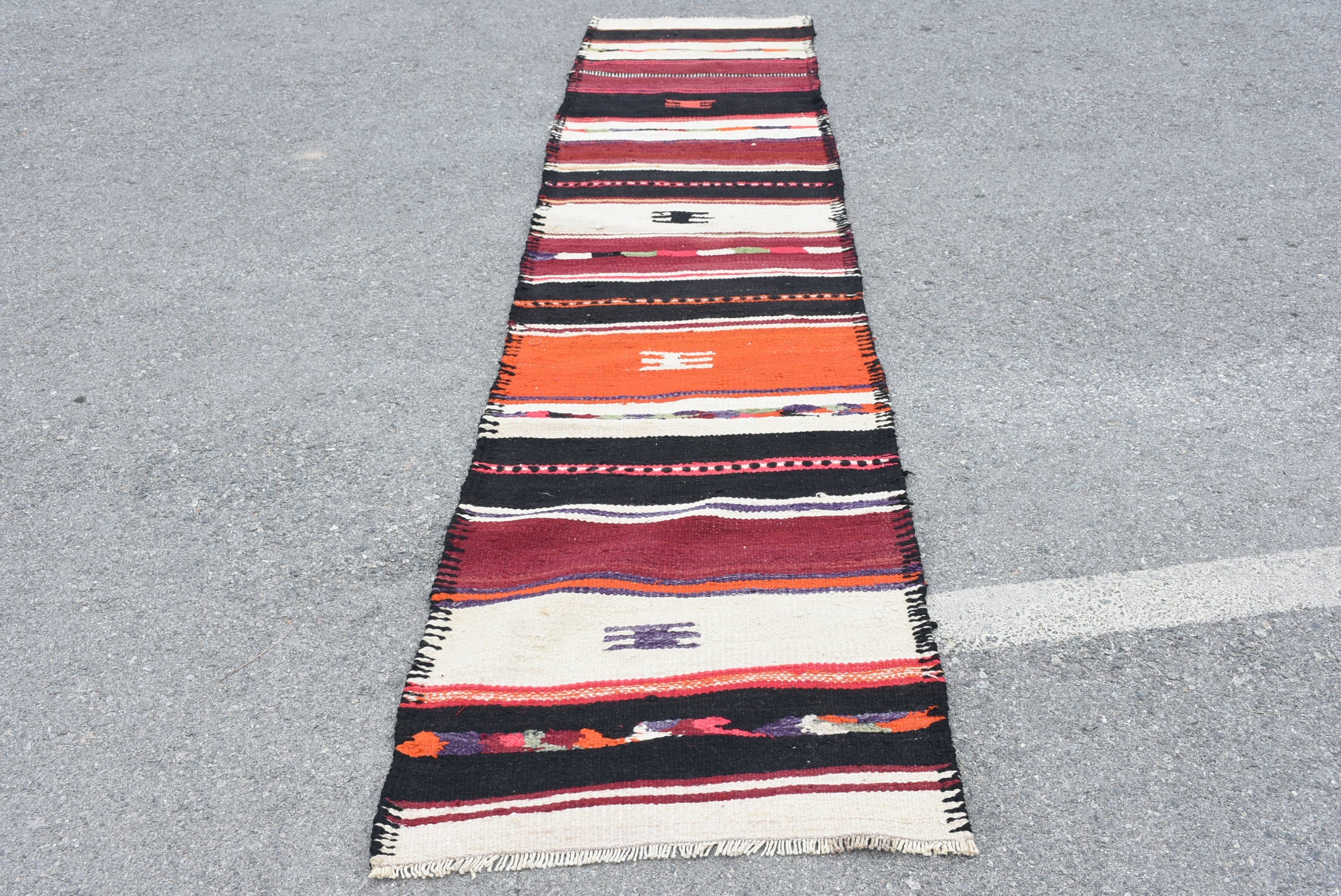 Hallway Rug, 2.8x13.2 ft Runner Rug, Kilim, Kitchen Rug, Cool Rugs, Rugs for Kitchen, Vintage Rug, Turkish Rug, Pale Rug, Black Floor Rugs