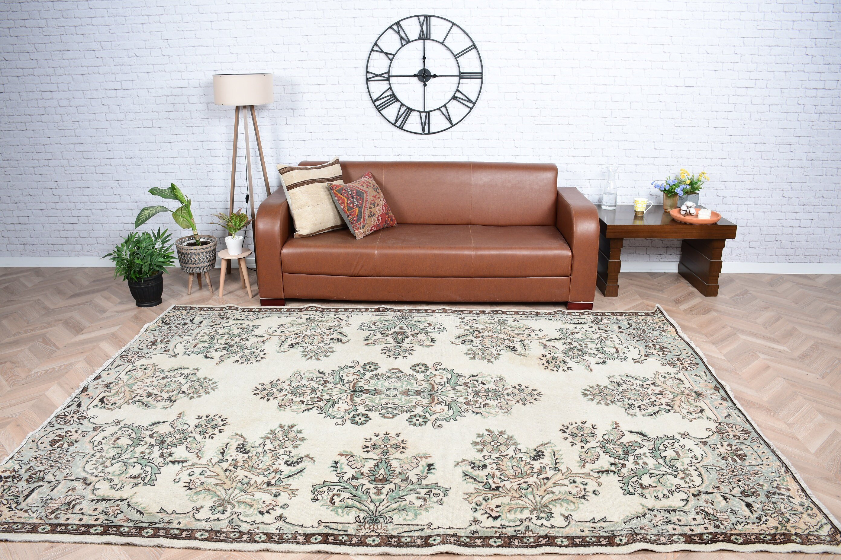 Living Room Rug, Vintage Rug, Muted Rug, Dining Room Rugs, Turkish Rug, 6.8x9.6 ft Large Rug, Beige Oushak Rug, Wool Rug