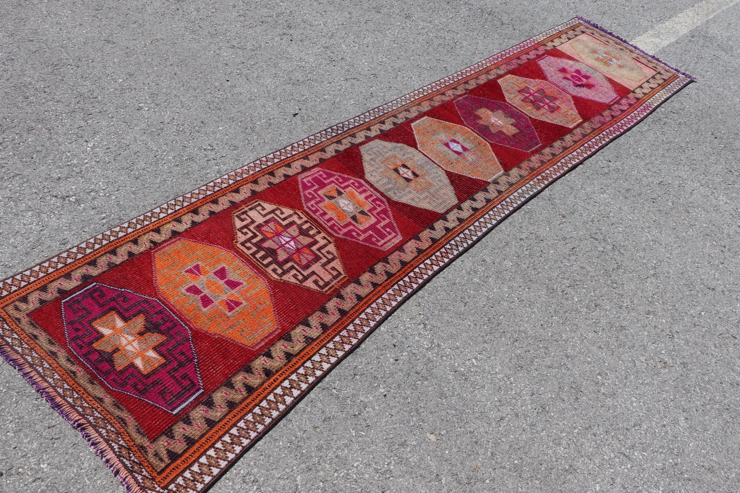 Red  2.3x10.2 ft Runner Rug, Antique Rug, Pale Rugs, Oriental Rug, Vintage Rug, Turkish Rugs, Kitchen Rug, Rugs for Stair