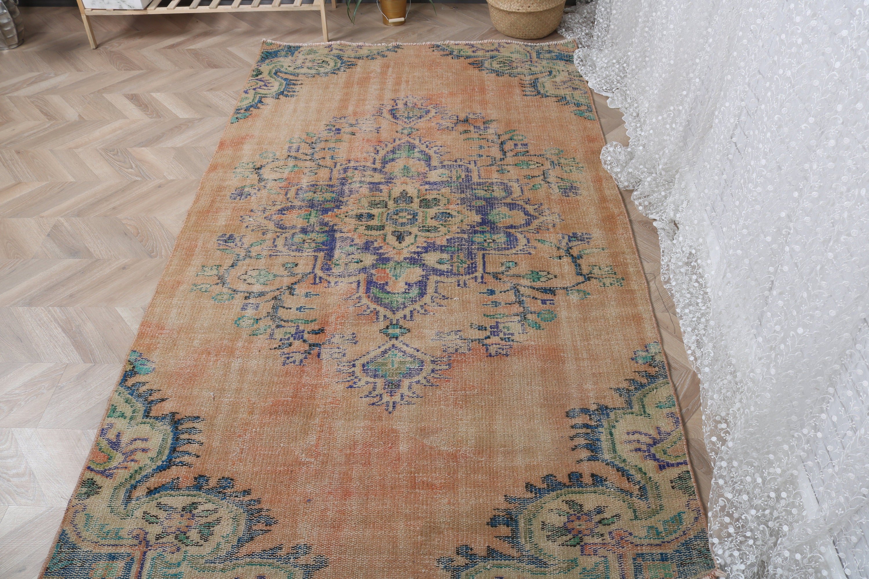 Geometrik Halı, Vintage Halılar, Çocuk Halıları, Düz Dokuma Halı, Türk Halısı, Yer Halısı, Turuncu El Dokuma Halı, Yatak Odası Halıları, 4,3x7,4 ft Alan Halıları