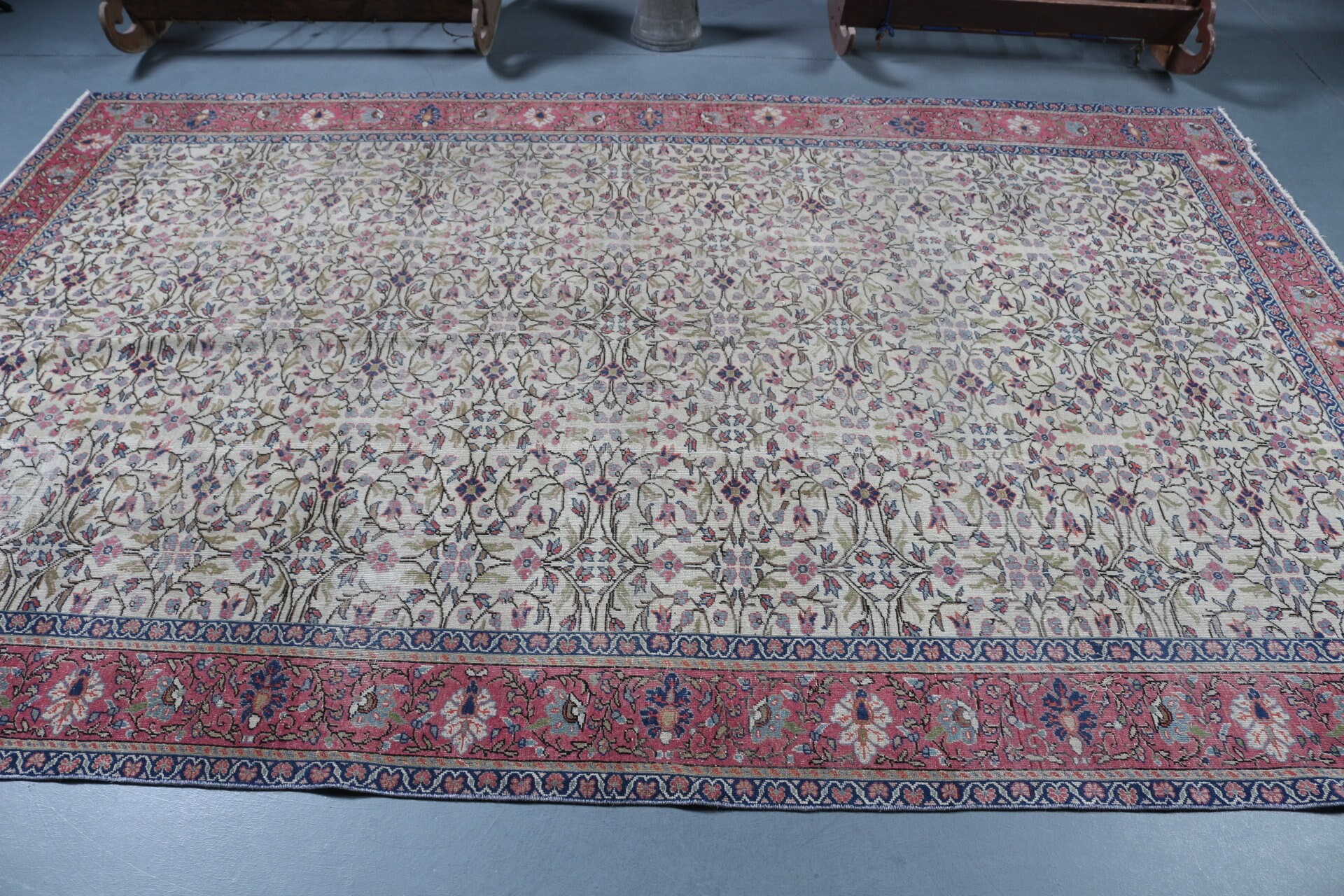 Vintage Halı, Oushak Halı, Fas Halısı, Oturma Odası Halısı, Bej Antika Halı, Salon Halısı, 6.5x9.8 ft Büyük Halı, Türk Halısı, Salon Halıları