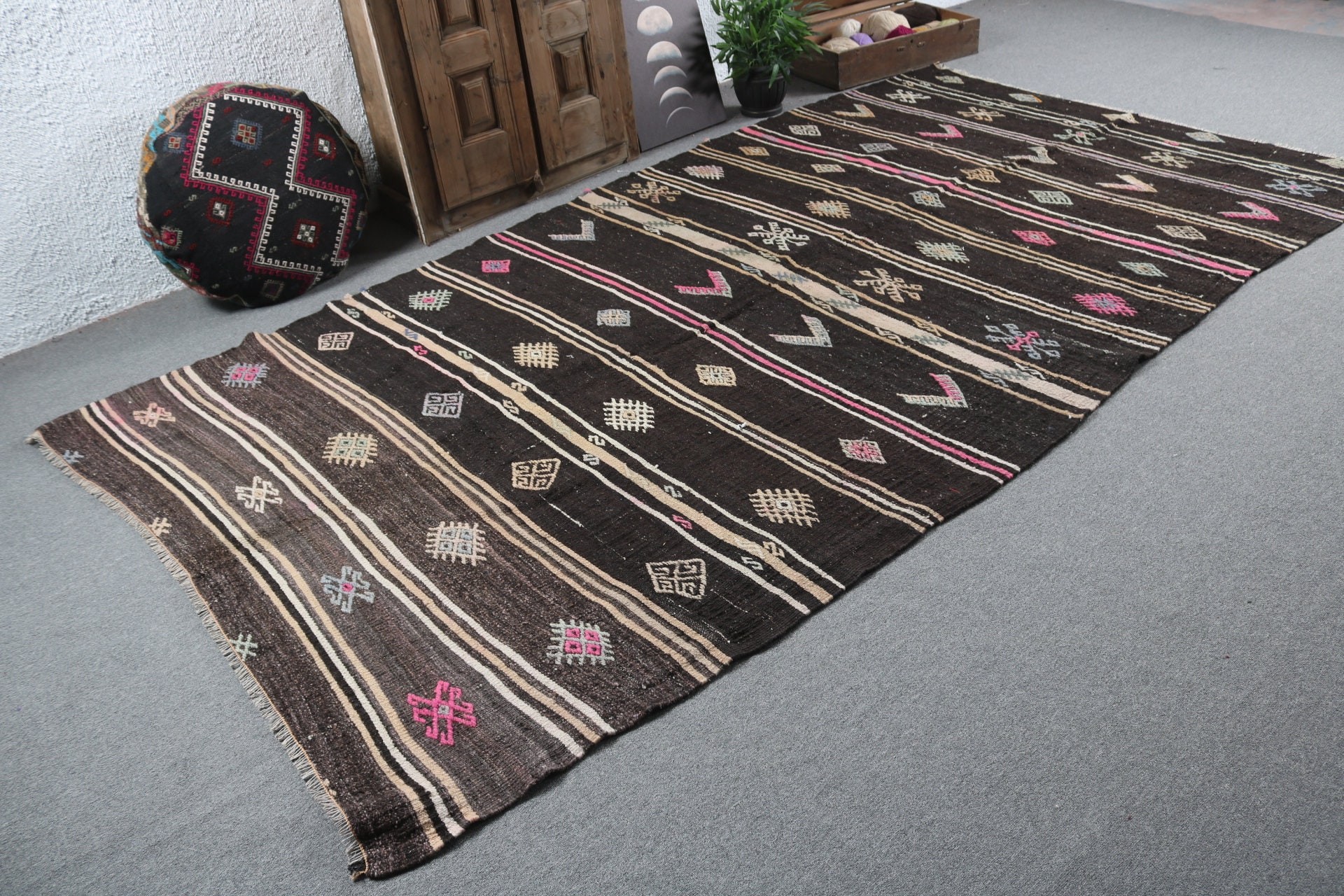 Siyah Fas Halıları, Büyük Boho Halısı, Lüks Halı, Türk Halıları, 5.9x10.8 ft Büyük Halı, Oryantal Halılar, Vintage Halı, Oturma Odası Halısı, Kilim