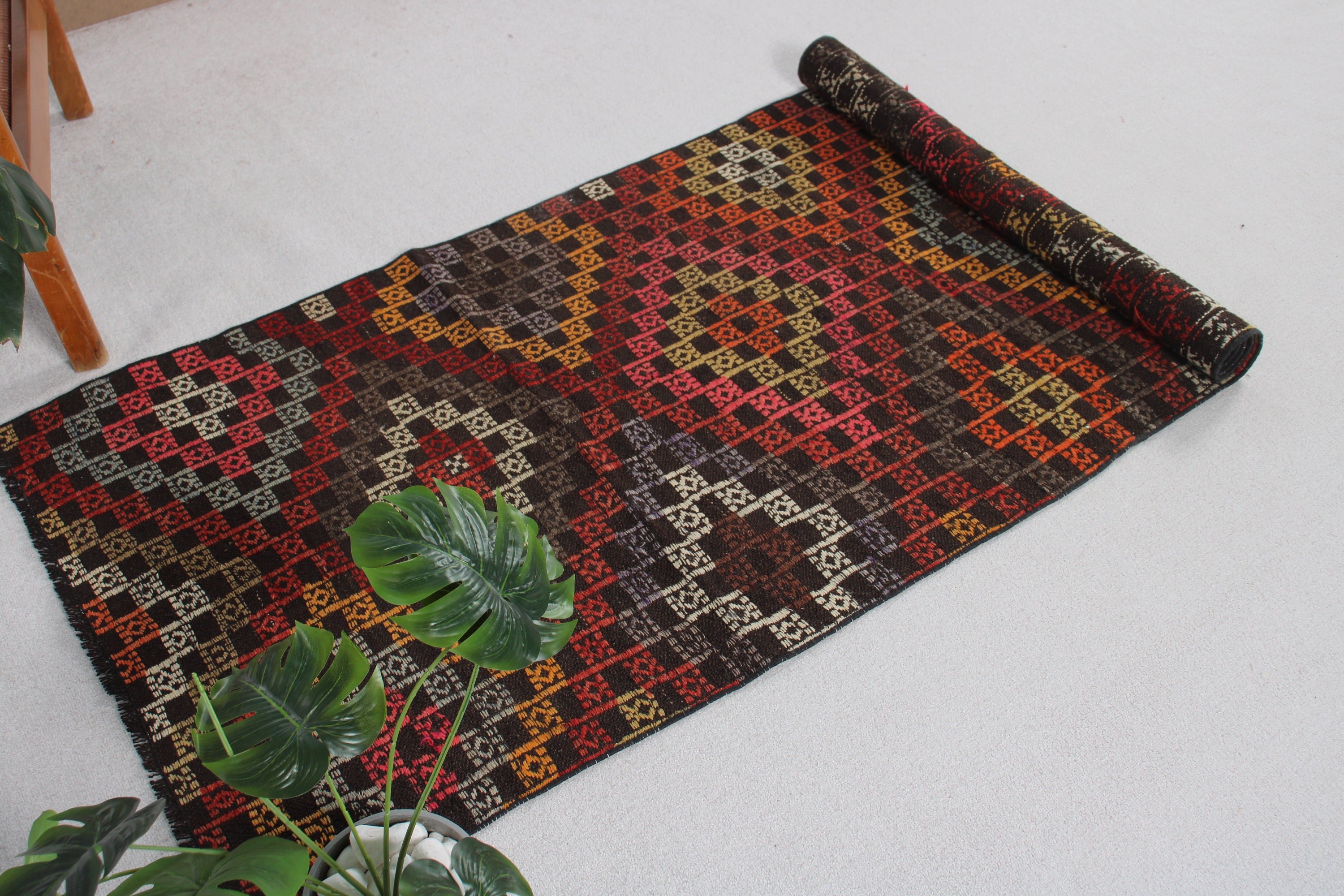 Nötr Halı, Koridor Halıları, Modern Halılar, 2,8x7,9 ft Yolluk Halıları, Türk Halıları, Vintage Halı, Kilim, Kahverengi Geometrik Halı, Mutfak Halısı