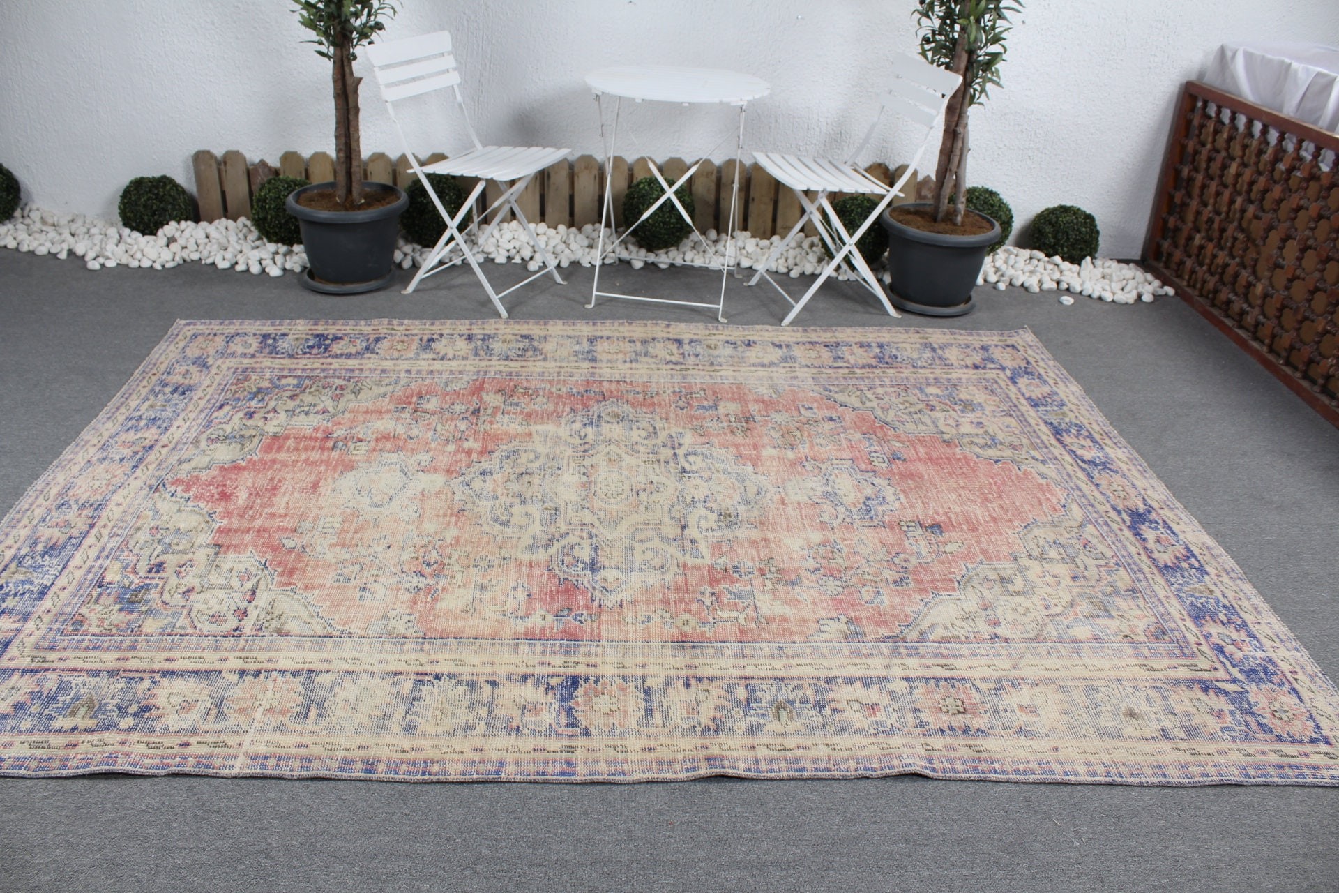 Geometrik Halı, Vintage Halı, Büyük Vintage Halılar, Büyük Oushak Halıları, Kırmızı Antika Halılar, 6.4x9.2 ft Büyük Halı, Modern Halı, Türk Halısı