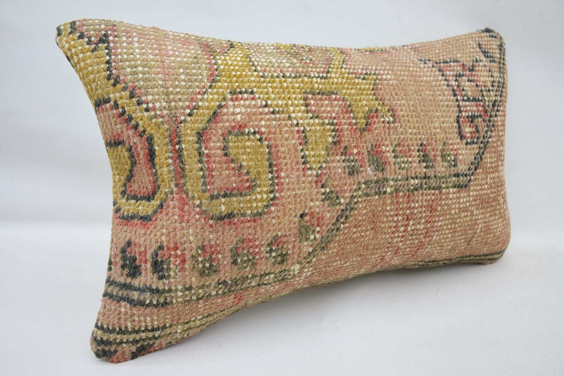 Kilim Pillow, Anatolian Cushion, 12"x20" Yellow Pillow Sham, Decorative Pillow Case, Handmade Kilim Cushion, Vintage Kilim Pillow