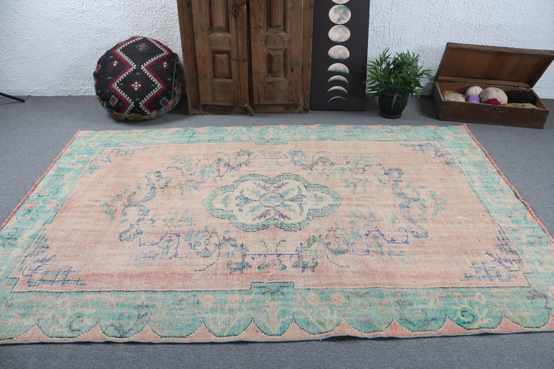 Oryantal Halı, Vintage Halı, Türk Halıları, Büyük Vintage Halılar, 5.7x8.7 ft Büyük Halı, Antika Halı, Büyük Boho Halı, Turuncu El Dokuma Halılar