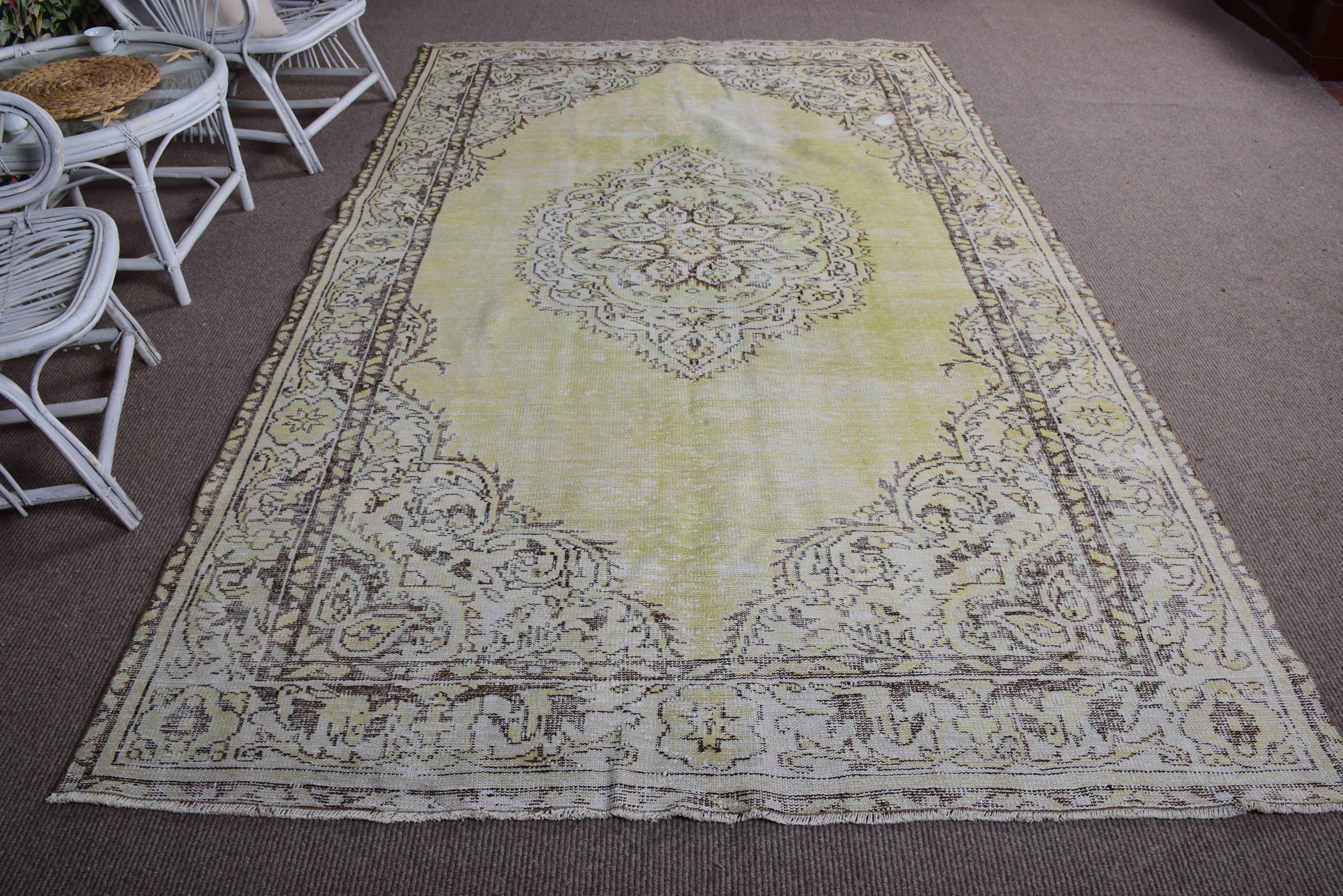 Kabile Halısı, Yeşil Oushak Halısı, Türk Halıları, 6,2x10,1 ft Büyük Halı, Oturma Odası Halısı, Oushak Halısı, Vintage Halılar, Lüks Halı, Büyük Boho Halısı