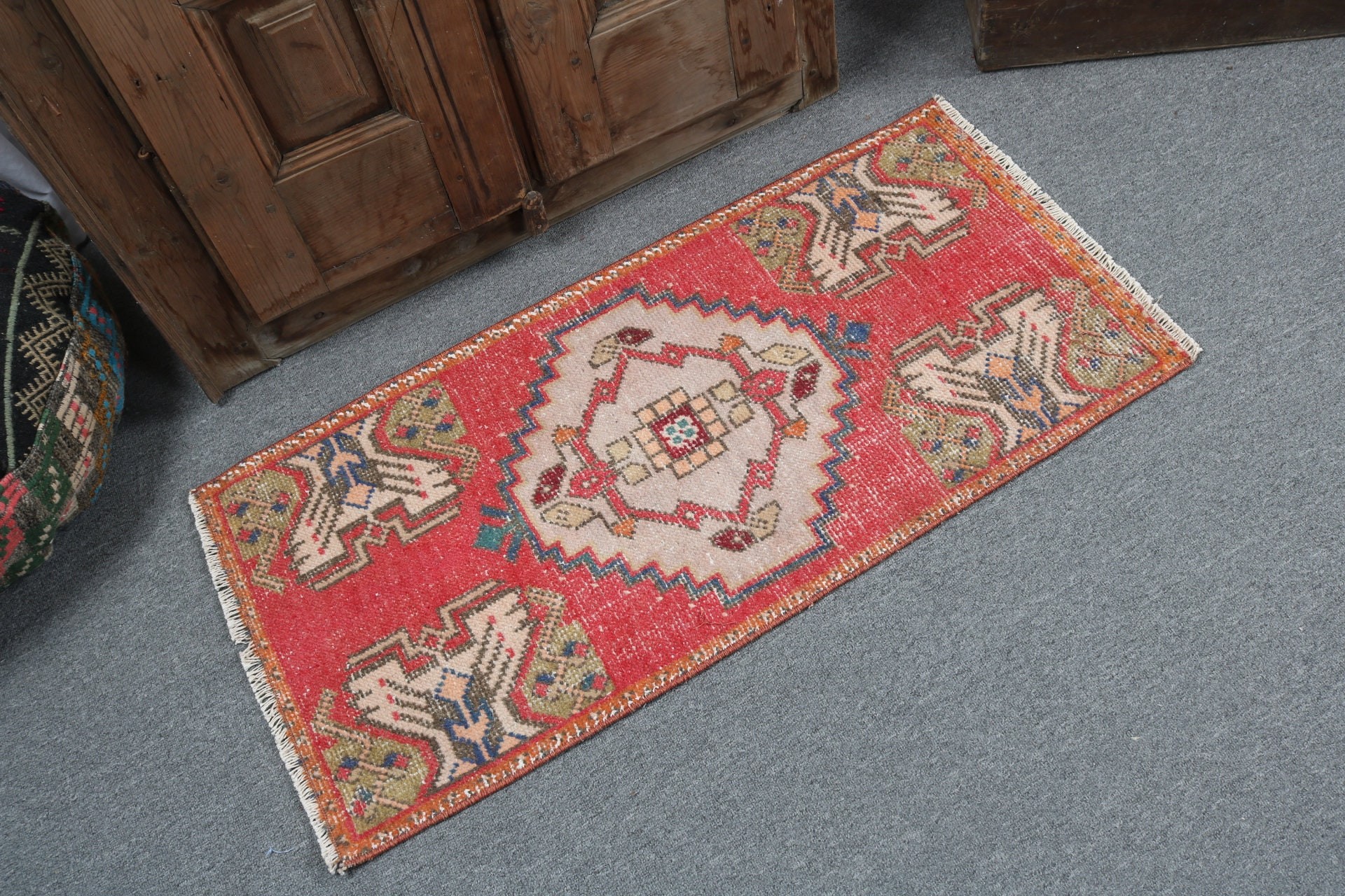 1.6x3.3 ft Small Rugs, Oriental Rug, Modern Rug, Entry Rugs, Rugs for Bath, Turkish Rug, Red Floor Rugs, Bathroom Rug, Vintage Rugs