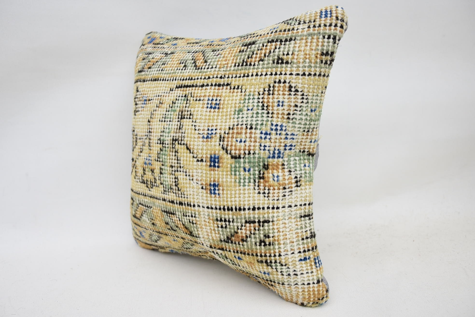 Turkish Kilim Pillow, 12"x12" Yellow Pillow Sham, Comfy Throw Pillow Cover, Ethnical Kilim Rug Pillow, Antique Pillows