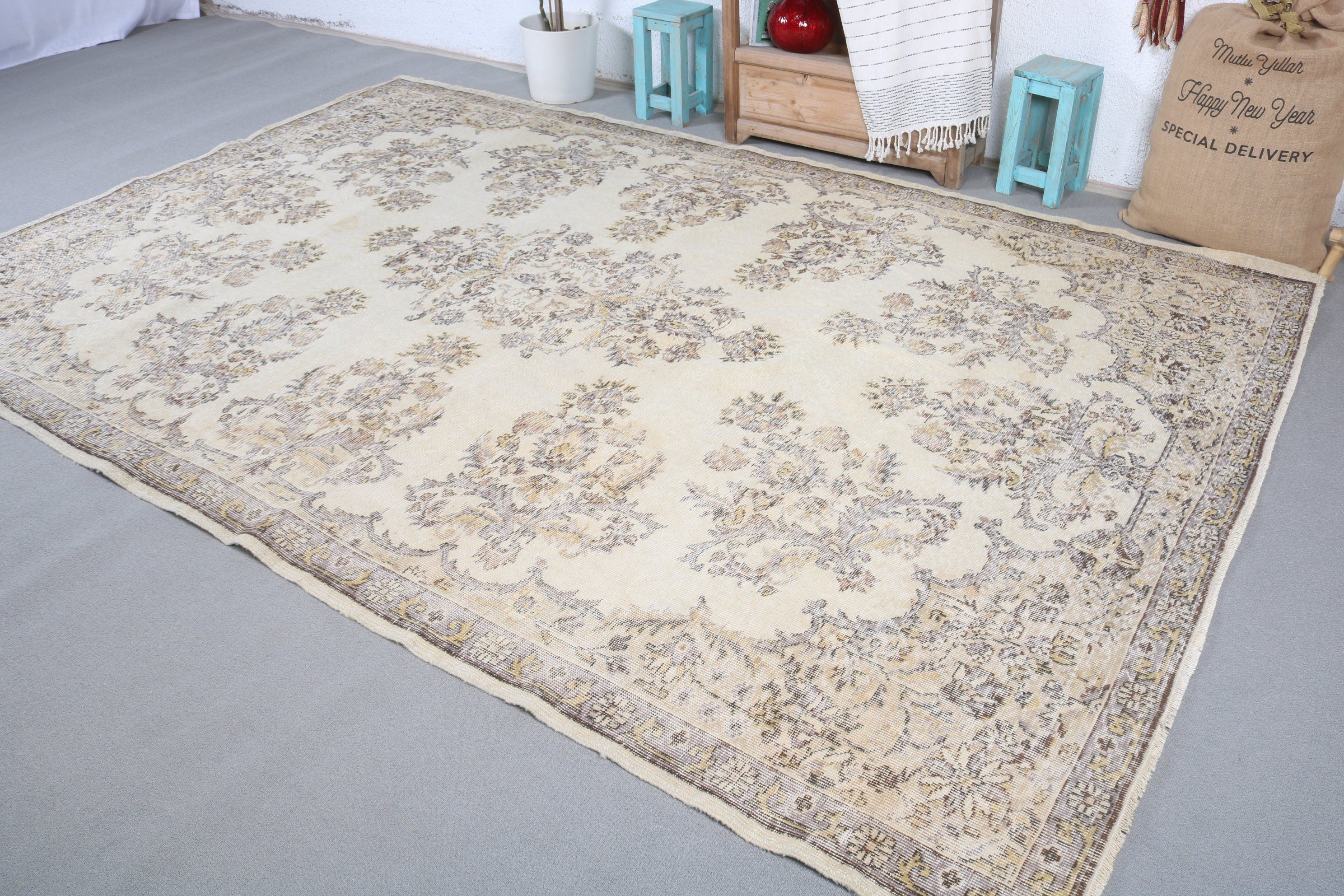 Oriental Rug, 7.2x10.7 ft Oversize Rug, Living Room Rug, Vintage Rugs, Brown Wool Rug, Turkish Rug, Bedroom Rug, Bohemian Rug, Saloon Rugs