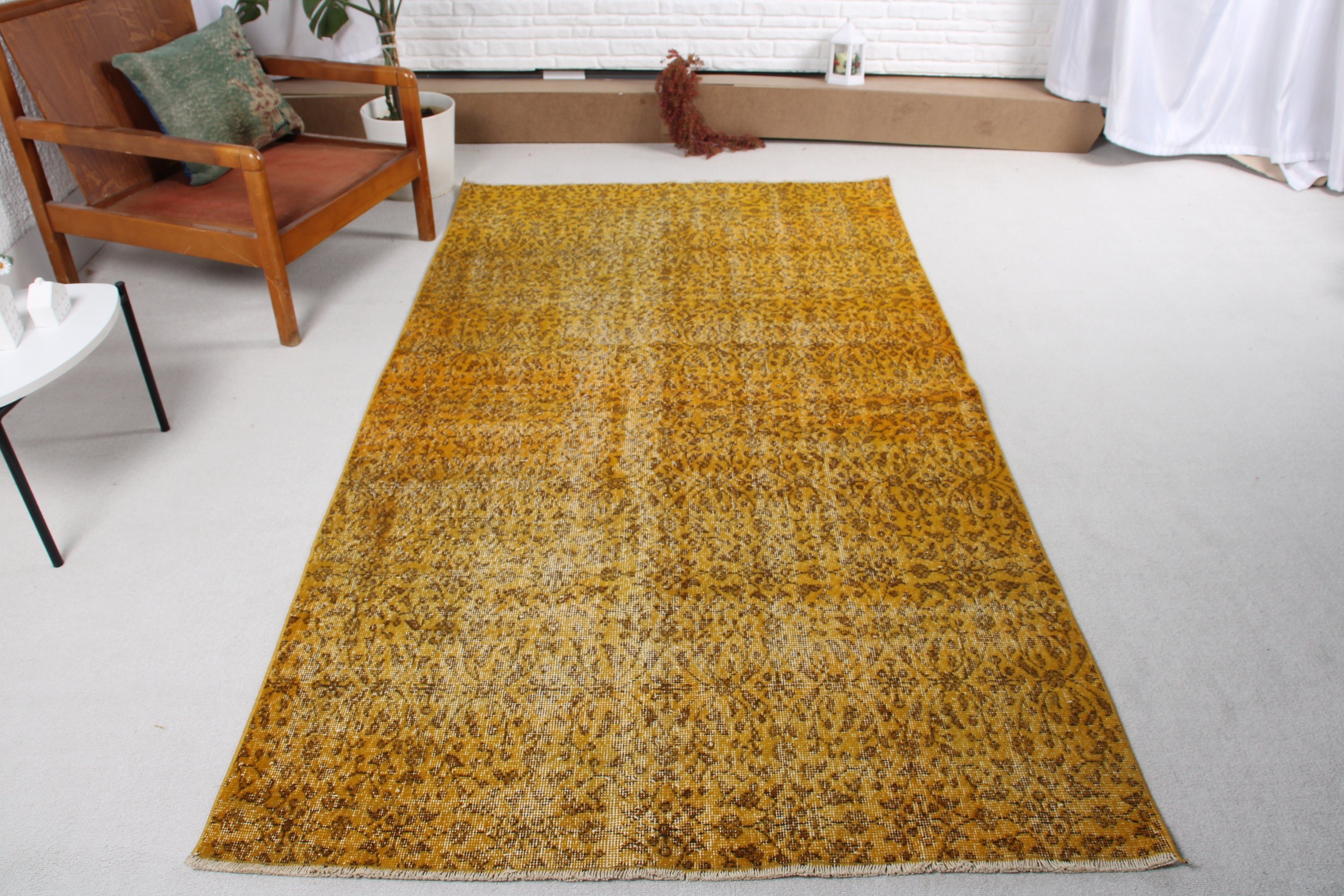 Mutfak Halıları, Vintage Halılar, Yatak Odası Halısı, Sarı Geometrik Halı, 4.5x7.9 ft Alan Halıları, Türk Halısı, Oturma Odası Halıları, El Dokuma Halılar