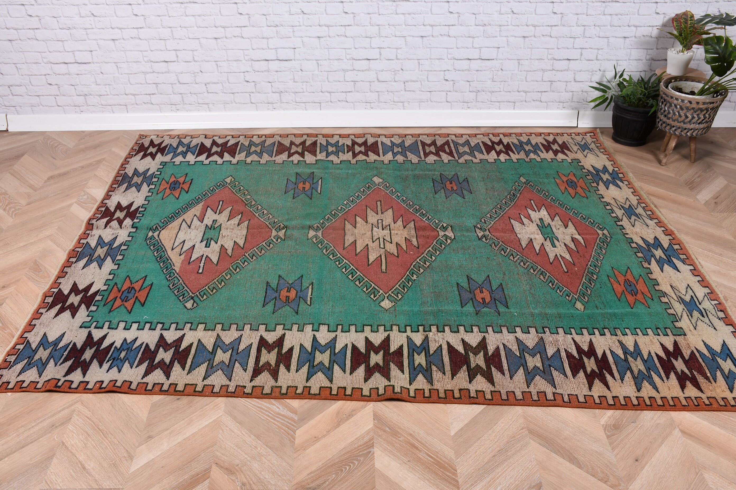 Floor Rug, Turkish Rugs, 5.3x7.1 ft Area Rugs, Rugs for Kitchen, Kilim, Bedroom Rugs, Oushak Rug, Green Boho Rugs, Kitchen Rug, Vintage Rug