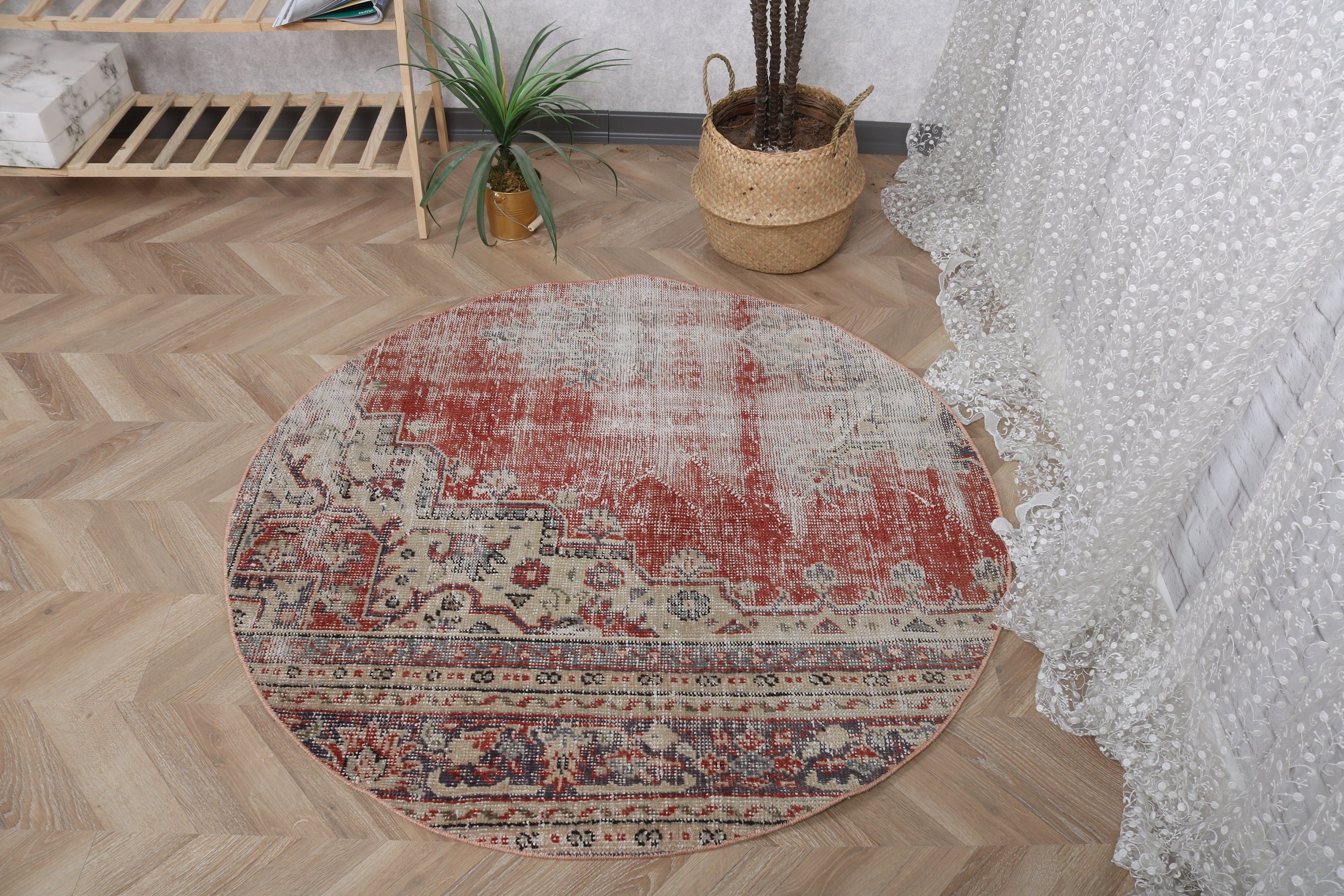 Boho Accent Rug, Turkish Rugs, Bedroom Rugs, Vintage Accent Rugs, Home Decor Rug, 4x4.1 ft Accent Rugs, Red Oriental Rugs, Vintage Rugs