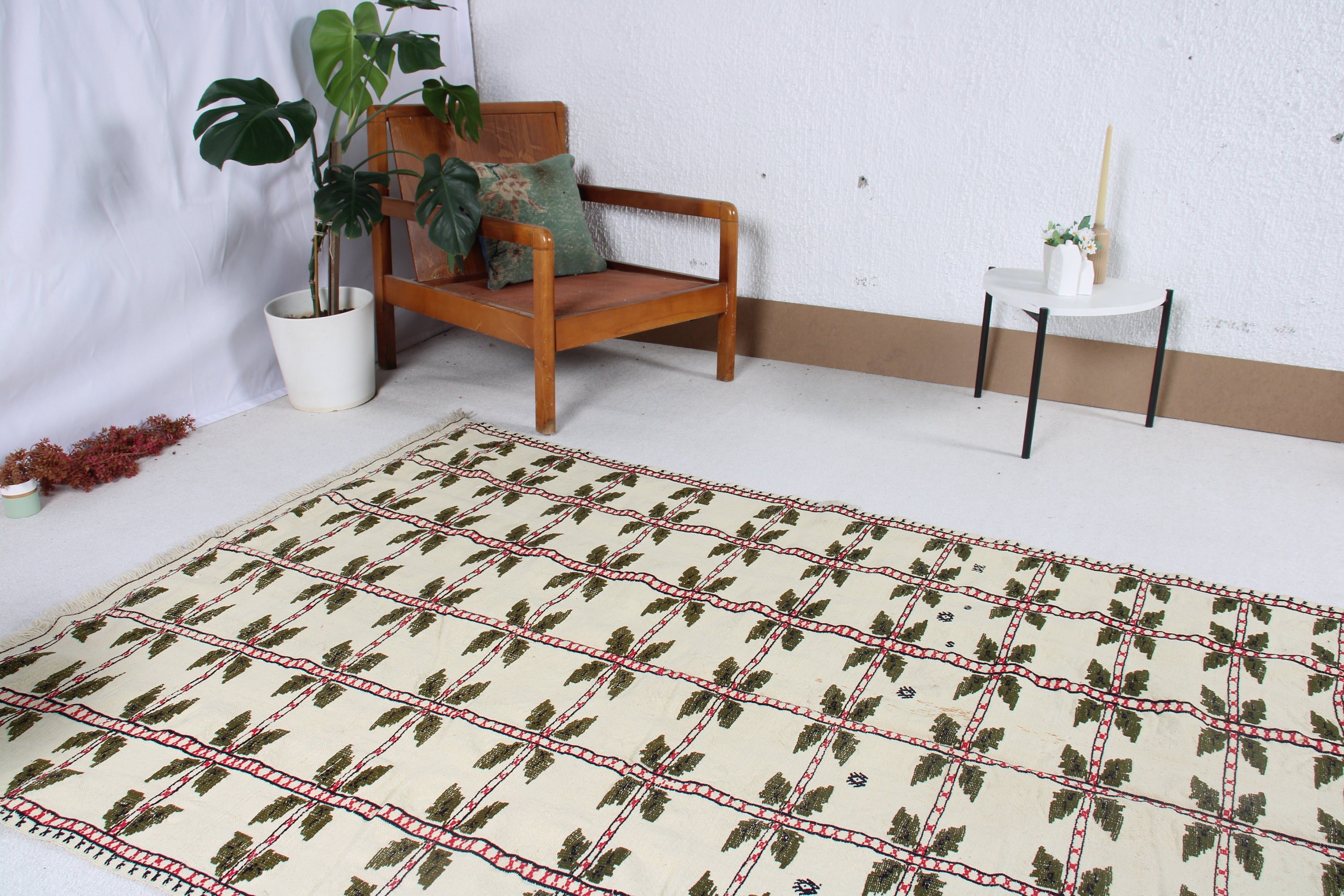 Boho Bölge Halısı, Bej El Dokuma Halılar, Fas Halısı, Kilim, Vintage Alan Halıları, Vintage Halılar, Türk Halıları, Nötr Halılar, 4,6x6,4 ft Alan Halısı