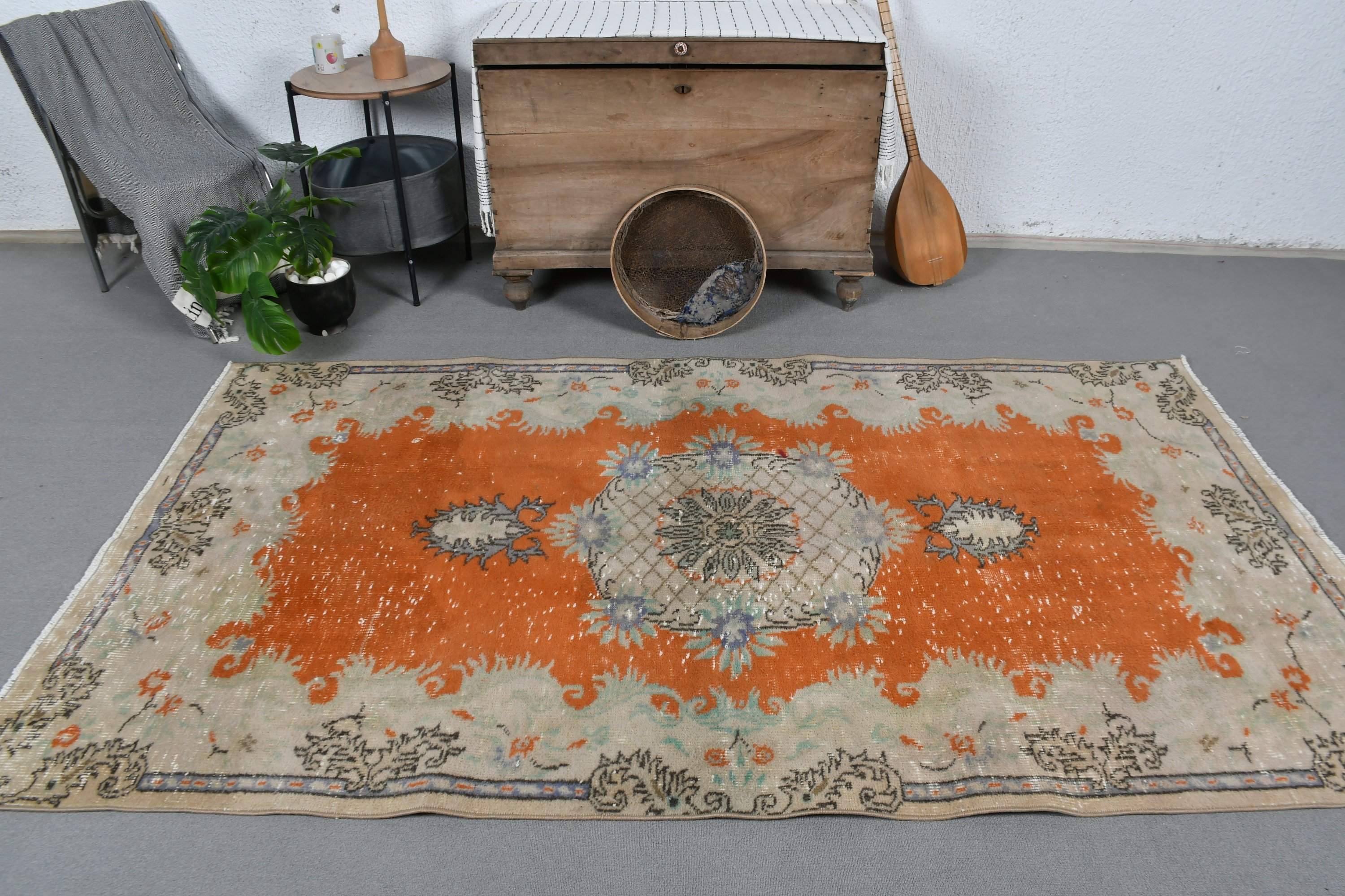 Mutfak Halıları, 4,5x8,2 ft Alan Halısı, Yün Halı, Vintage Halı, Turuncu Mutfak Halısı, Eklektik Halı, Yatak Odası Halıları, Yer Halıları, Türk Halısı