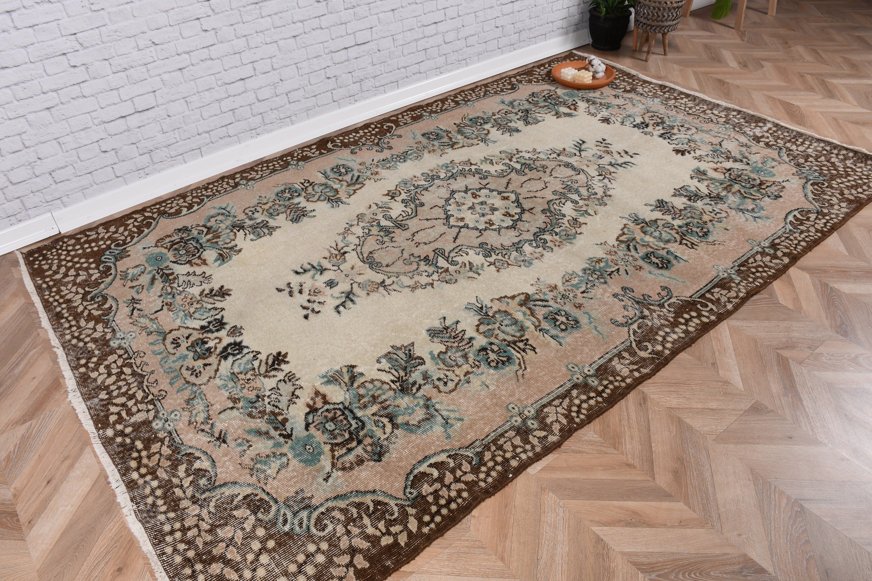 5.7x9.1 ft Büyük Halı, Bej Boho Halıları, El Dokuma Halısı, Ofis Halıları, Türk Halısı, Vintage Halı, Yer Halıları, Büyük Oushak Halıları, Yemek Odası Halısı