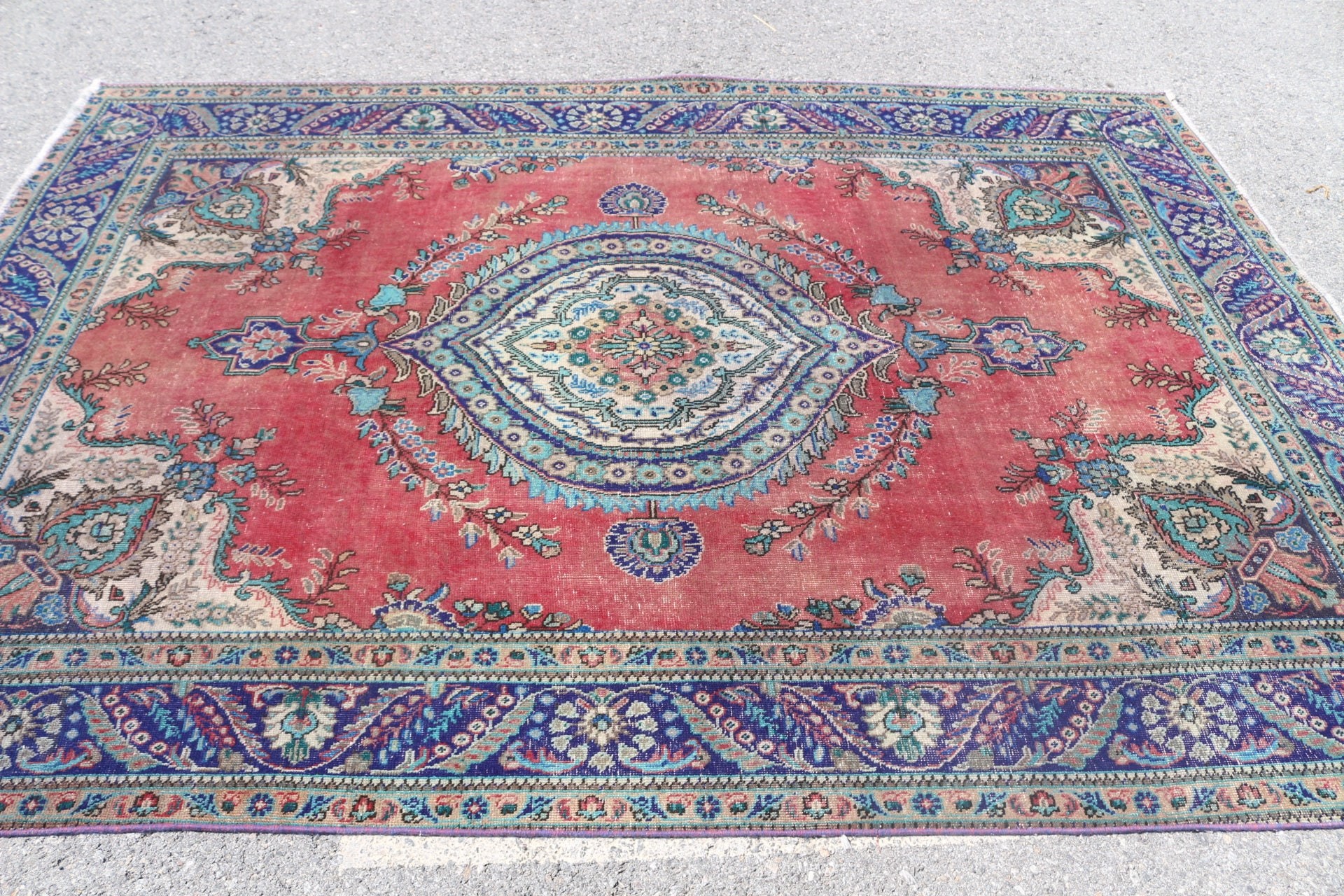 Türk Halısı, Kırmızı Anadolu Halıları, Oturma Odası Halısı, Oushak Halıları, Eskitilmiş Halı, Salon Halısı, Vintage Halı, 6.3x9 ft Büyük Halılar