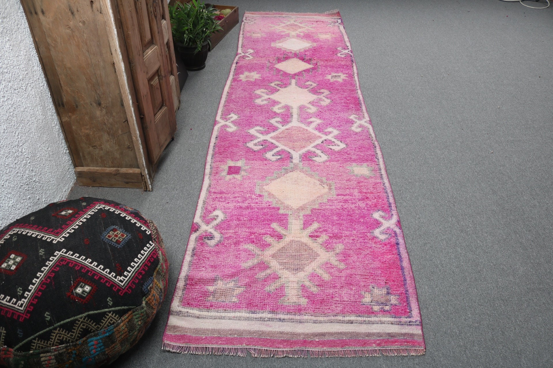 Boho Halılar, Lüks Halılar, Vintage Halılar, Türk Halıları, 2,9x11,6 ft Koşucu Halısı, Geometrik Halı, Pembe Geometrik Halılar, Merdiven Halısı, Uzun Yolluk Halıları