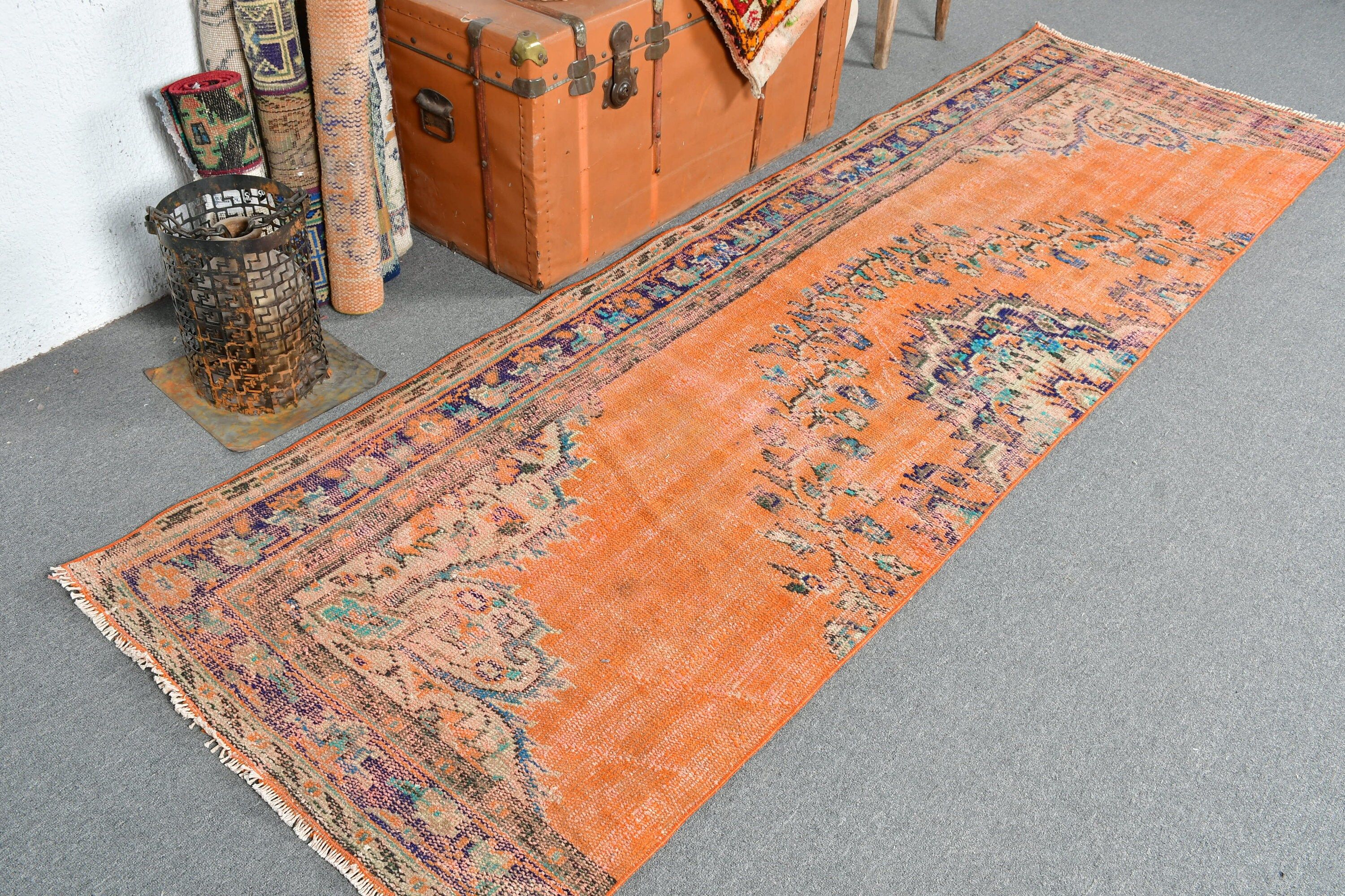 Turkish Rugs, Orange Oriental Rug, 2.9x9.5 ft Runner Rug, Hallway Rugs, Vintage Rug, Stair Rug, Rugs for Stair, Kitchen Rug