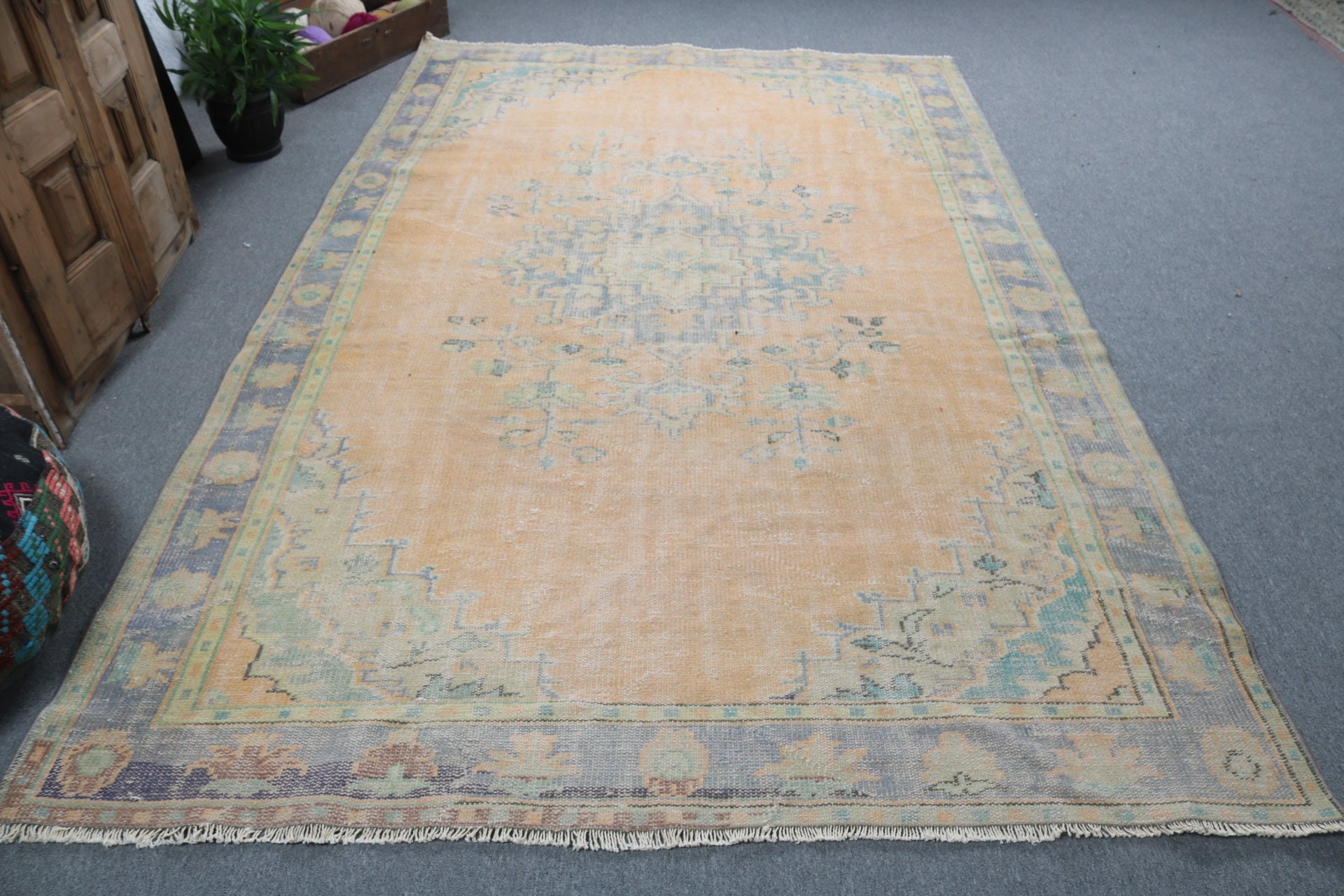 6.2x9.6 ft Büyük Halı, Salon Halıları, Sarı Geometrik Halı, Düz Dokuma Halı, Oushak Halı, Büyük Boho Halıları, Vintage Halılar, Egzotik Halı, Türk Halısı