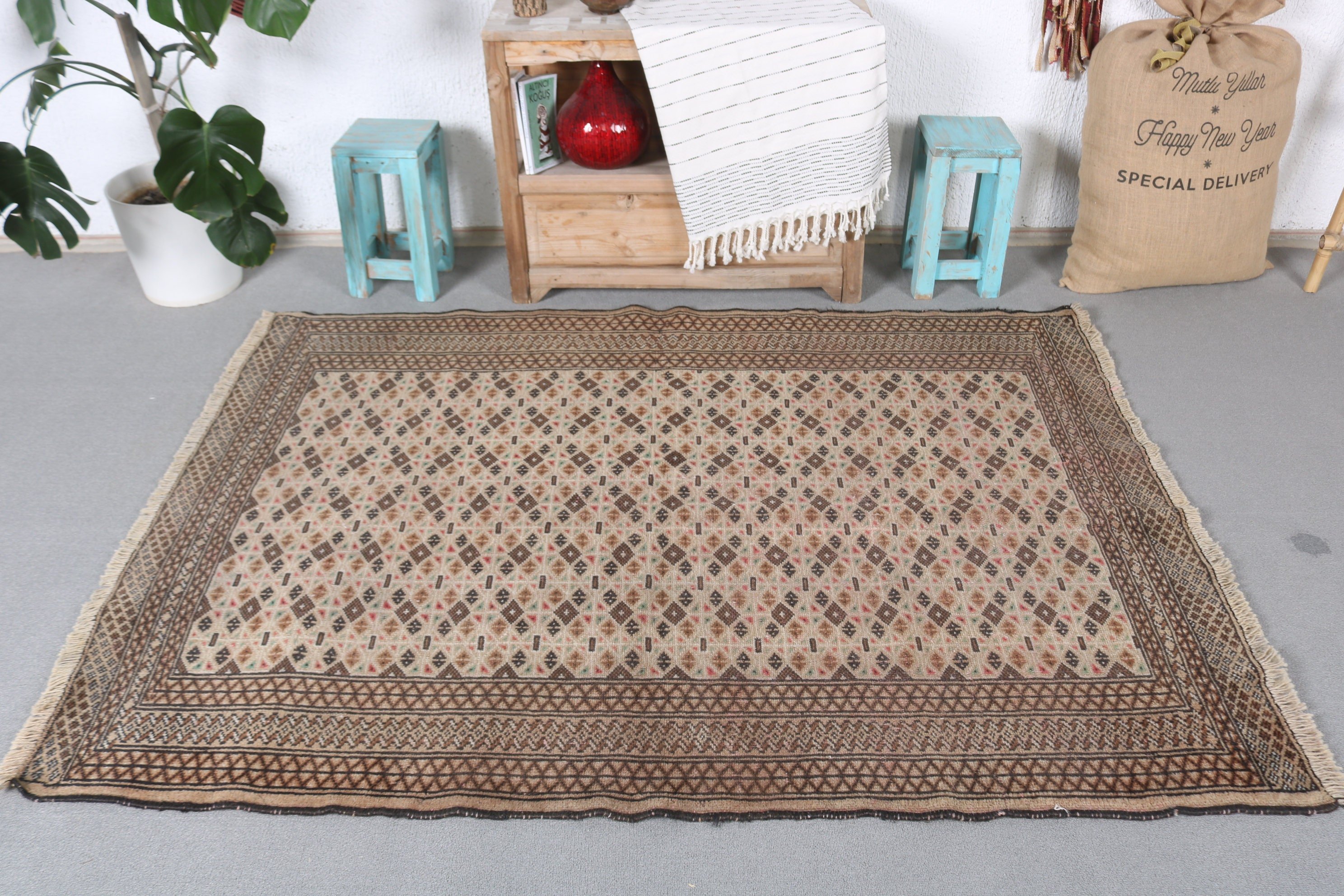 4.4x6.1 ft Area Rug, Floor Rug, Dorm Rug, Turkish Rug, Brown Kitchen Rug, Oushak Rugs, Rugs for Living Room, Vintage Rugs