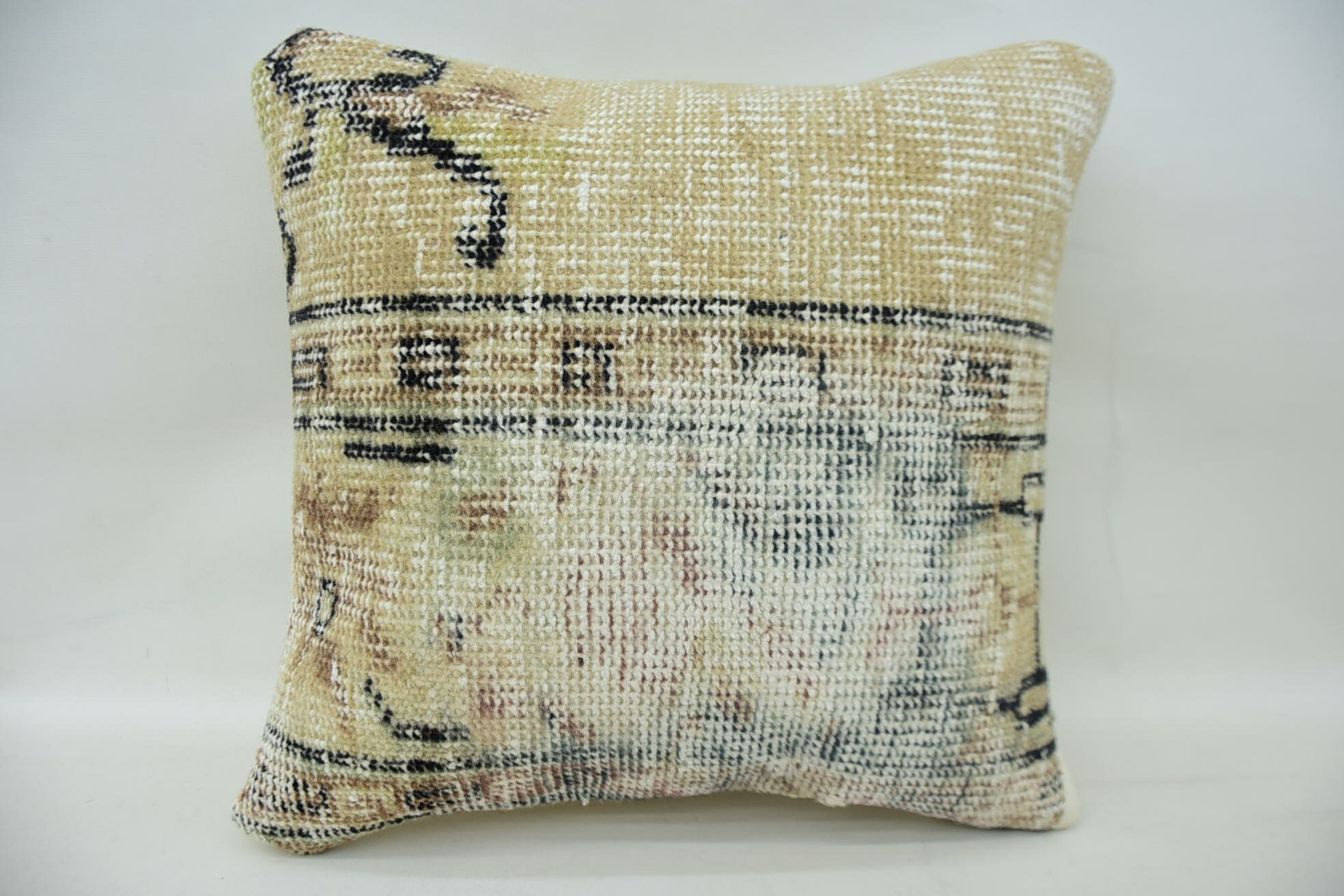 Vintage Kilim Throw Pillow, Ethnical Kilim Rug Pillow, Wool Kilim Pillow Cushion Case, Turkish Pillow, 16"x16" Beige Cushion Case