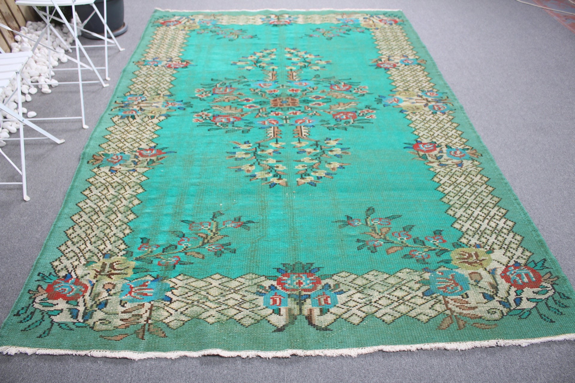 Türk Halıları, Oushak Halıları, Yatak Odası Halısı, Otantik Halılar, Salon Halıları, Yeşil 6.3x9.4 ft Büyük Halılar, Vintage Halılar