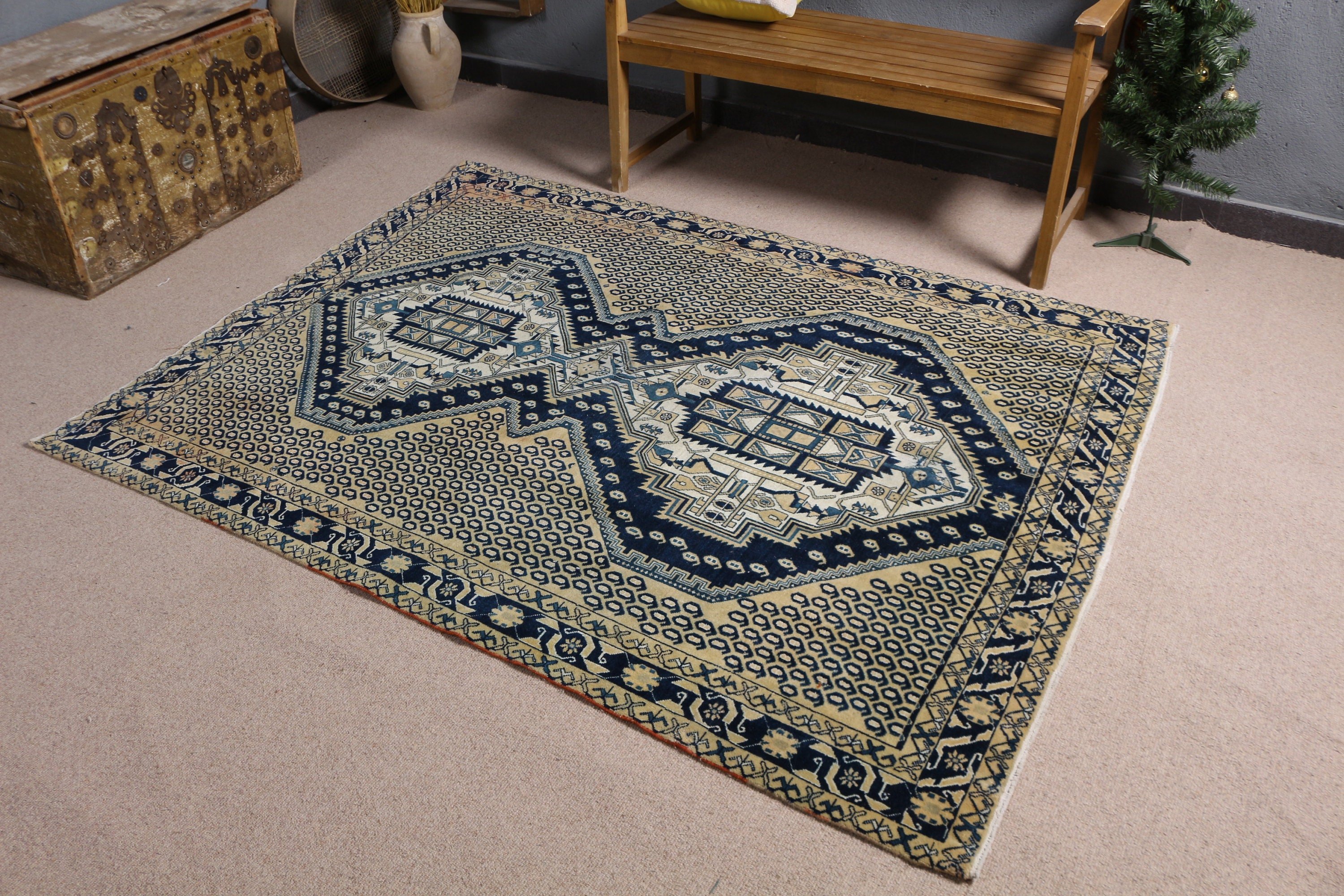 Vintage Area Rugs, Turkish Rugs, Wool Rug, 5x6.6 ft Area Rug, Aztec Rugs, Vintage Rug, Bedroom Rug, Dining Room Rugs, Brown Floor Rugs