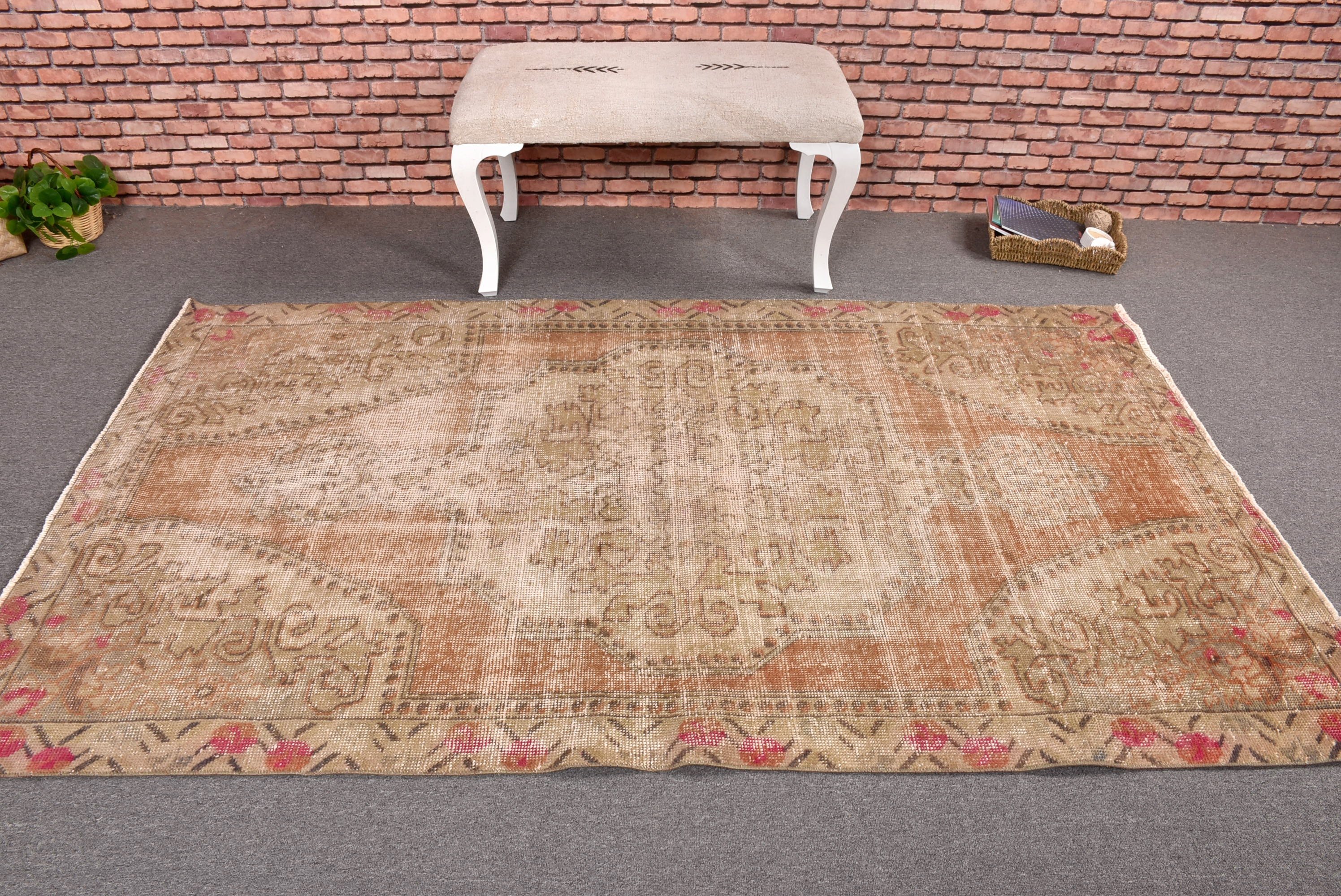 Turuncu Boho Halıları, Ev Halısı, Lüks Halılar, Oturma Odası Halısı, Ofis Halısı, 4,3x7,4 ft Alan Halıları, Vintage Halılar, Türk Halıları, Oryantal Halılar