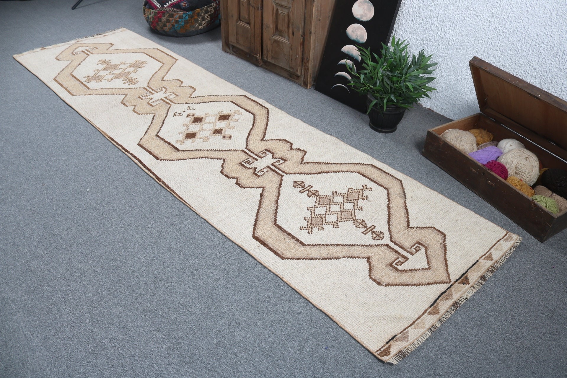 Rugs for Stair, Beige Geometric Rug, Vintage Runner Rugs, Bedroom Rugs, Vintage Rug, Floor Rug, 2.9x10.9 ft Runner Rugs, Turkish Rug