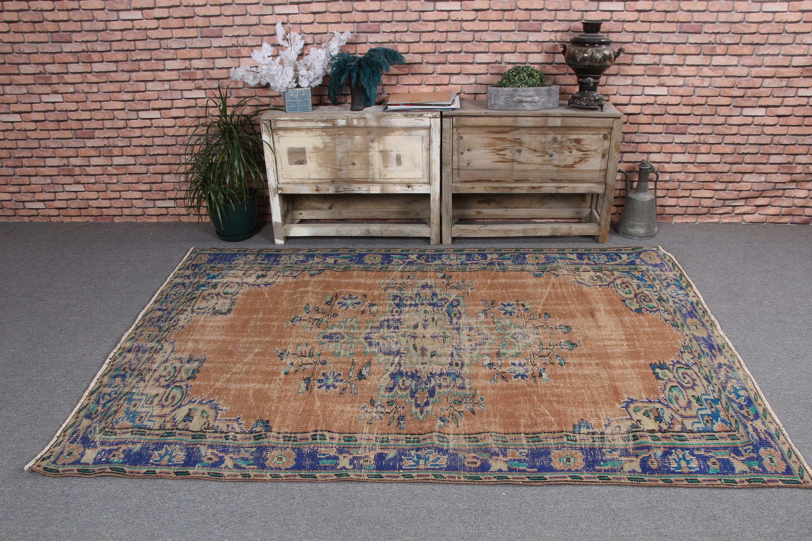 Lüks Halı, Kahverengi Soğuk Halı, 5,1x7,3 ft Alan Halıları, Boho Bölgesi Halıları, Oushak Bölge Halıları, Türk Halıları, Yün Halı, Vintage Halılar