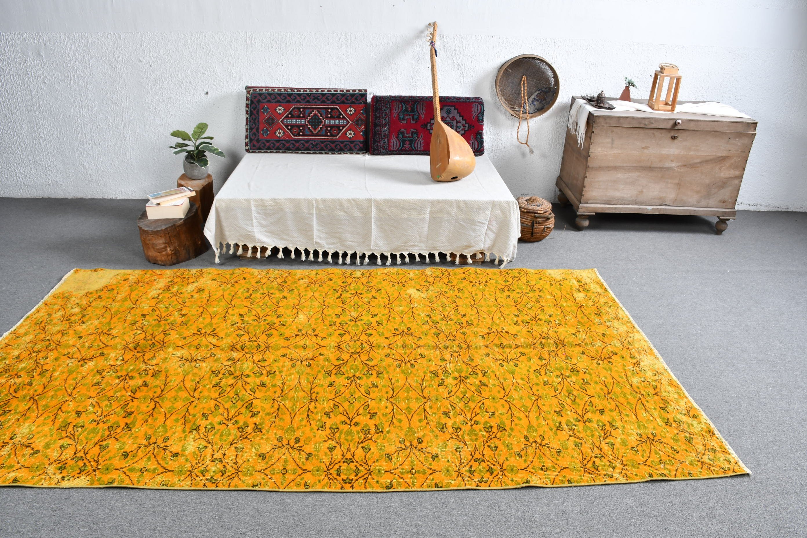 Turuncu Yün Halı, Oushak Halı, Vintage Halı, Yatak Odası Halıları, 5.1x8.4 ft Büyük Halılar, Yurt Halısı, Türk Halıları, Anadolu Halısı, Oturma Odası Halısı