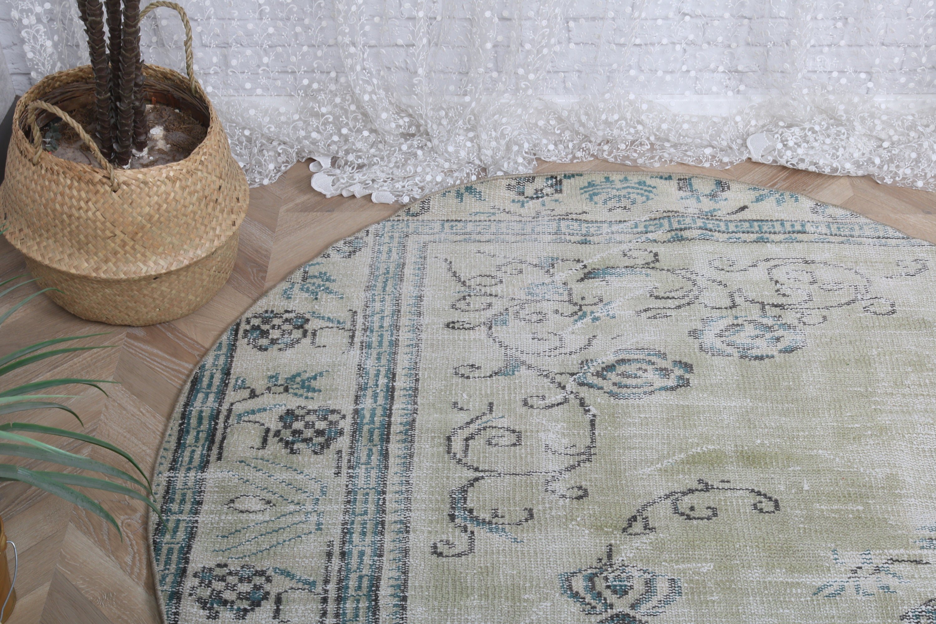 Wool Rugs, Decorative Rugs, Green Floor Rug, Vintage Rugs, Turkish Rug, Bedroom Rug, 4.4x4.4 ft Accent Rugs, Neutral Rug, Rugs for Bedroom