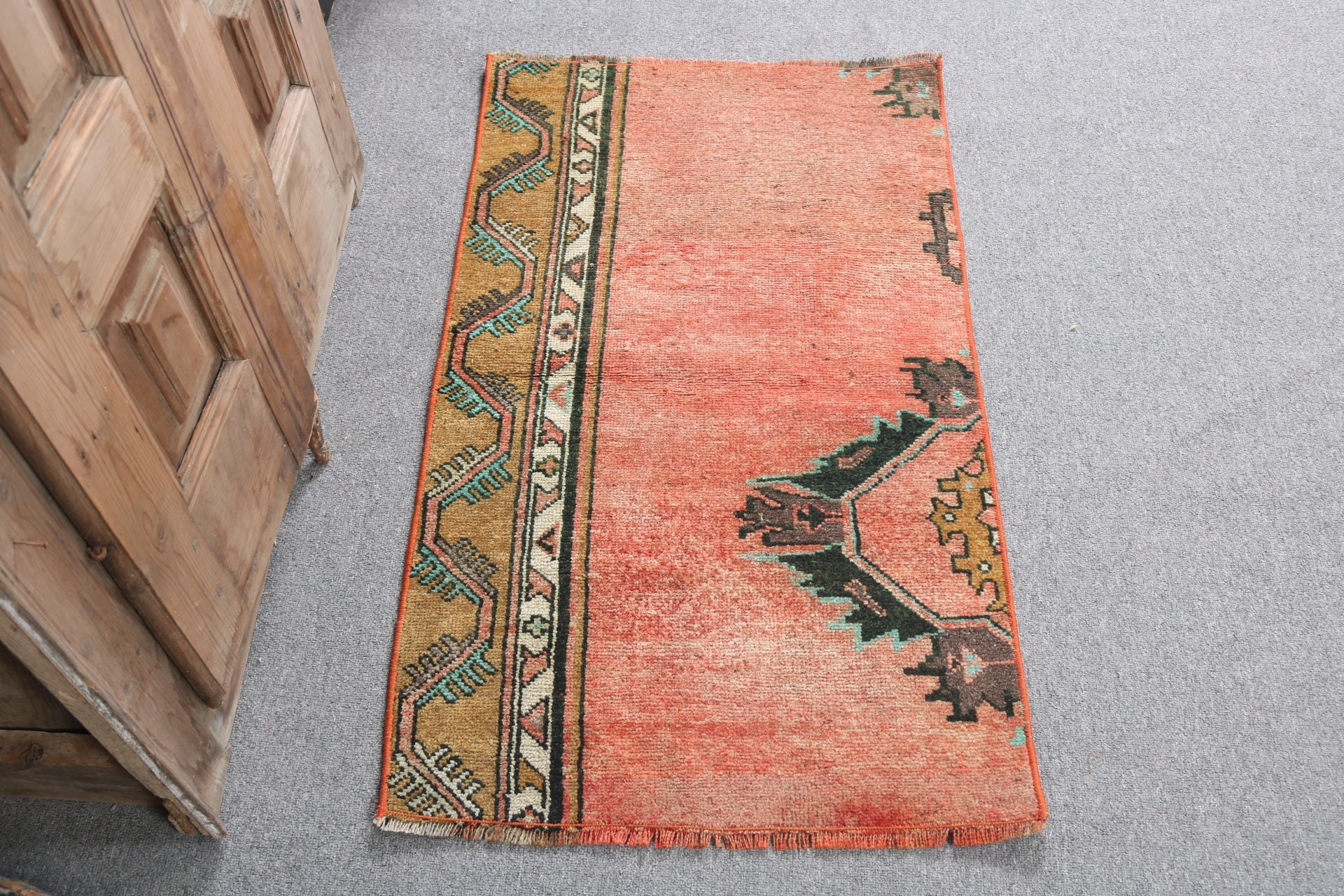 2x3,4 ft Küçük Halı, Paspas Halısı, Türk Halısı, El Dokuma Halıları, Boho Halısı, Vintage Halı, Turuncu Anadolu Halıları, Küçük Vintage Halısı, Oushak Halıları