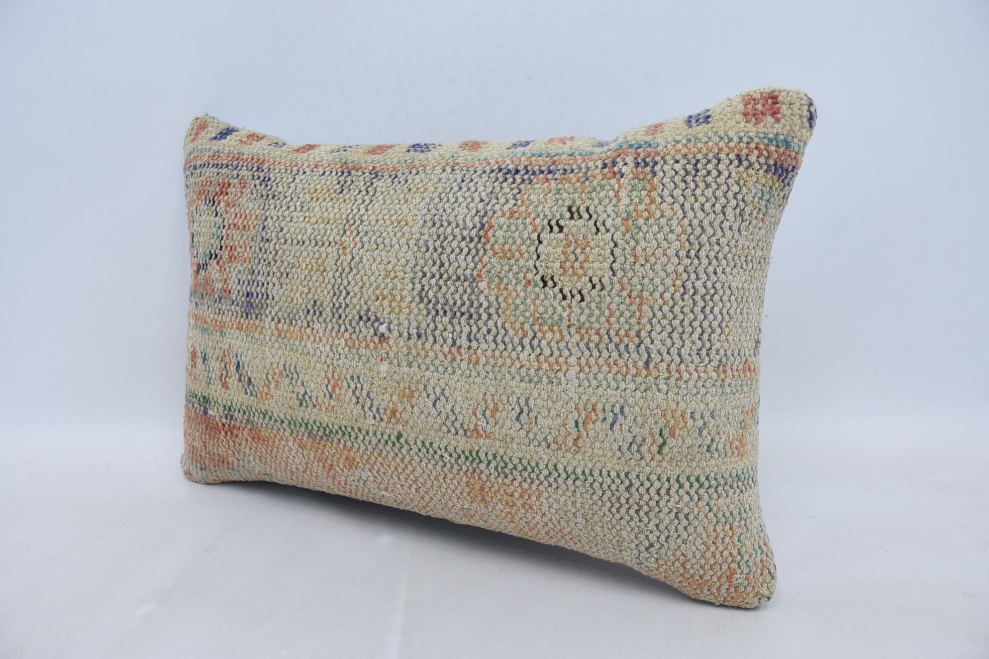 Turkish Pillow, Kilim Pillow, 16"x24" Beige Cushion, Aesthetic Cushion Cover, Throw Kilim Pillow, Colorful Pillow Cover