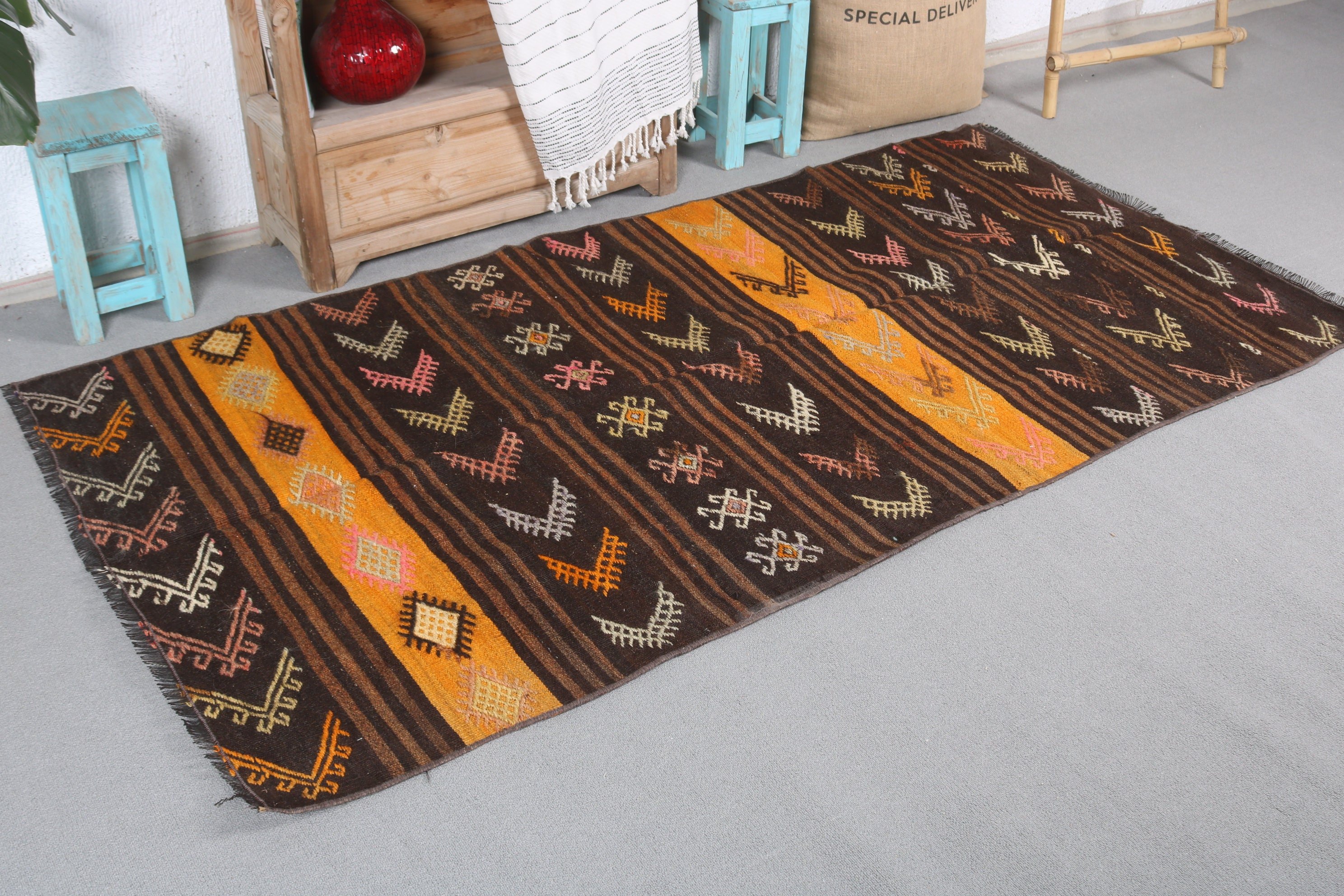 Living Room Rugs, Kitchen Rugs, Oushak Rug, Floor Rug, Pastel Rug, Brown Anatolian Rug, Vintage Rug, Kilim, 3.6x7 ft Area Rugs, Turkish Rug